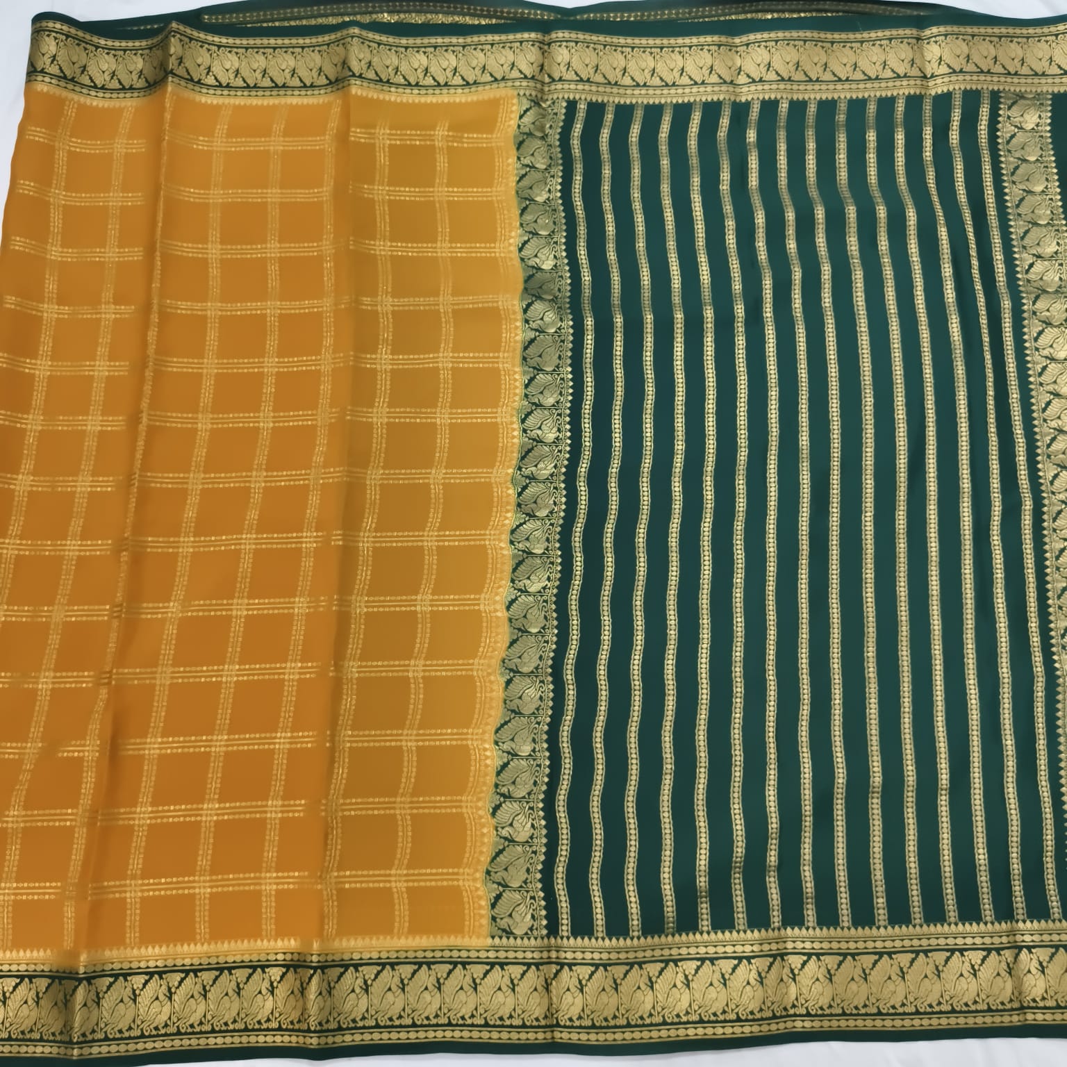 Pure Mysore Crepe Silk Saree – Mustard Yellow and Rama Green Contrast with checks