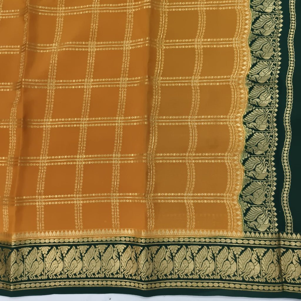 Pure Mysore Crepe Silk Saree – Mustard Yellow and Rama Green Contrast with checks