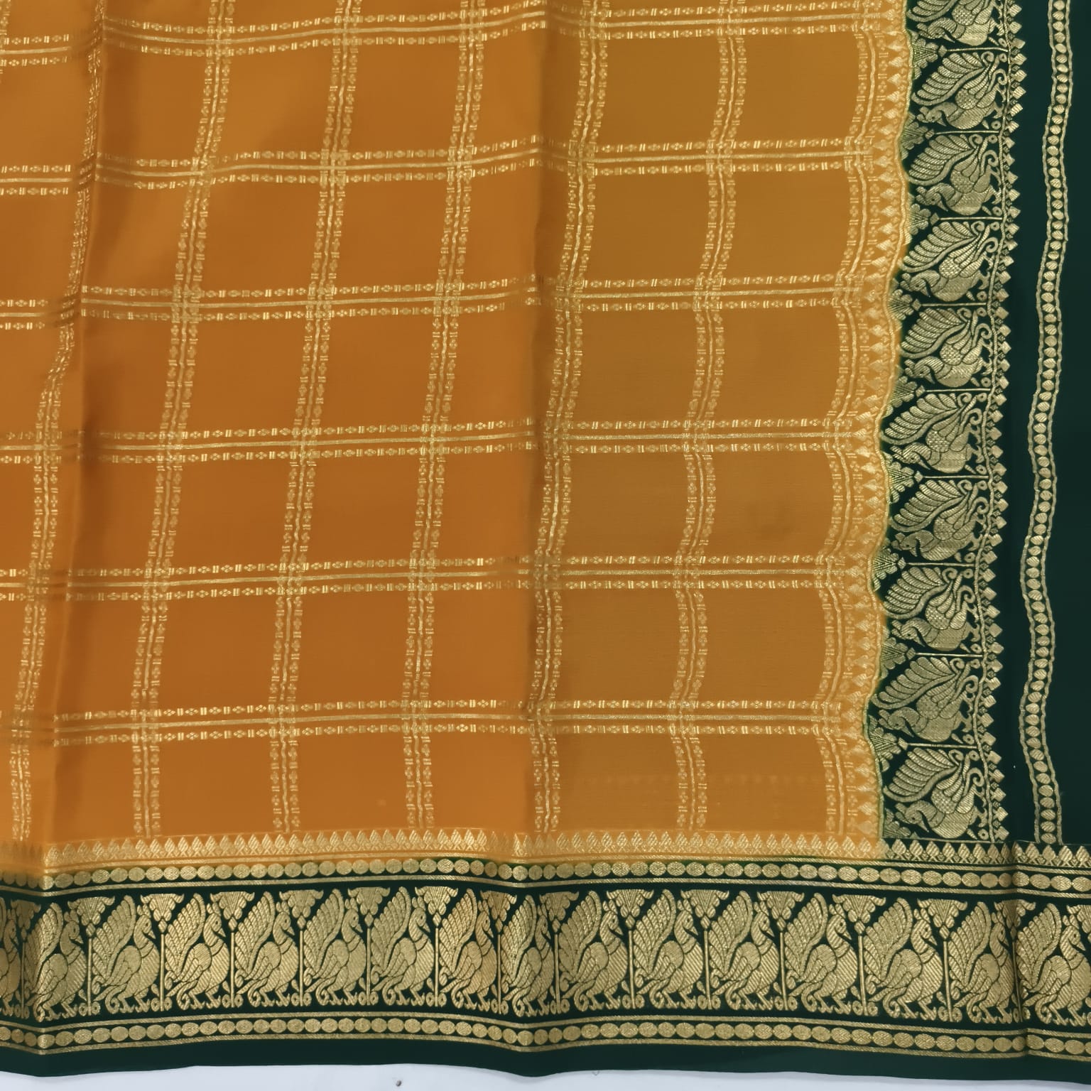 Pure Mysore Crepe Silk Saree – Mustard Yellow and Rama Green Contrast with checks