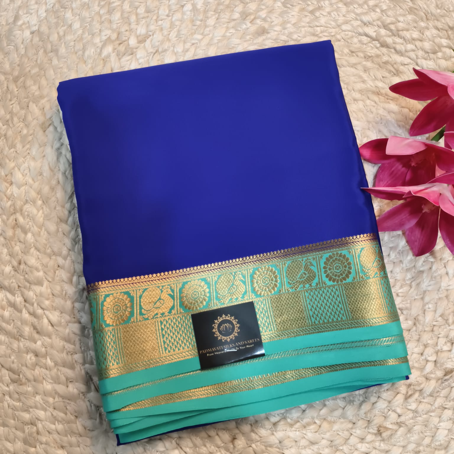 Pure Mysore Crepe Silk Saree – Royal Blue and Light Blue Contrast
