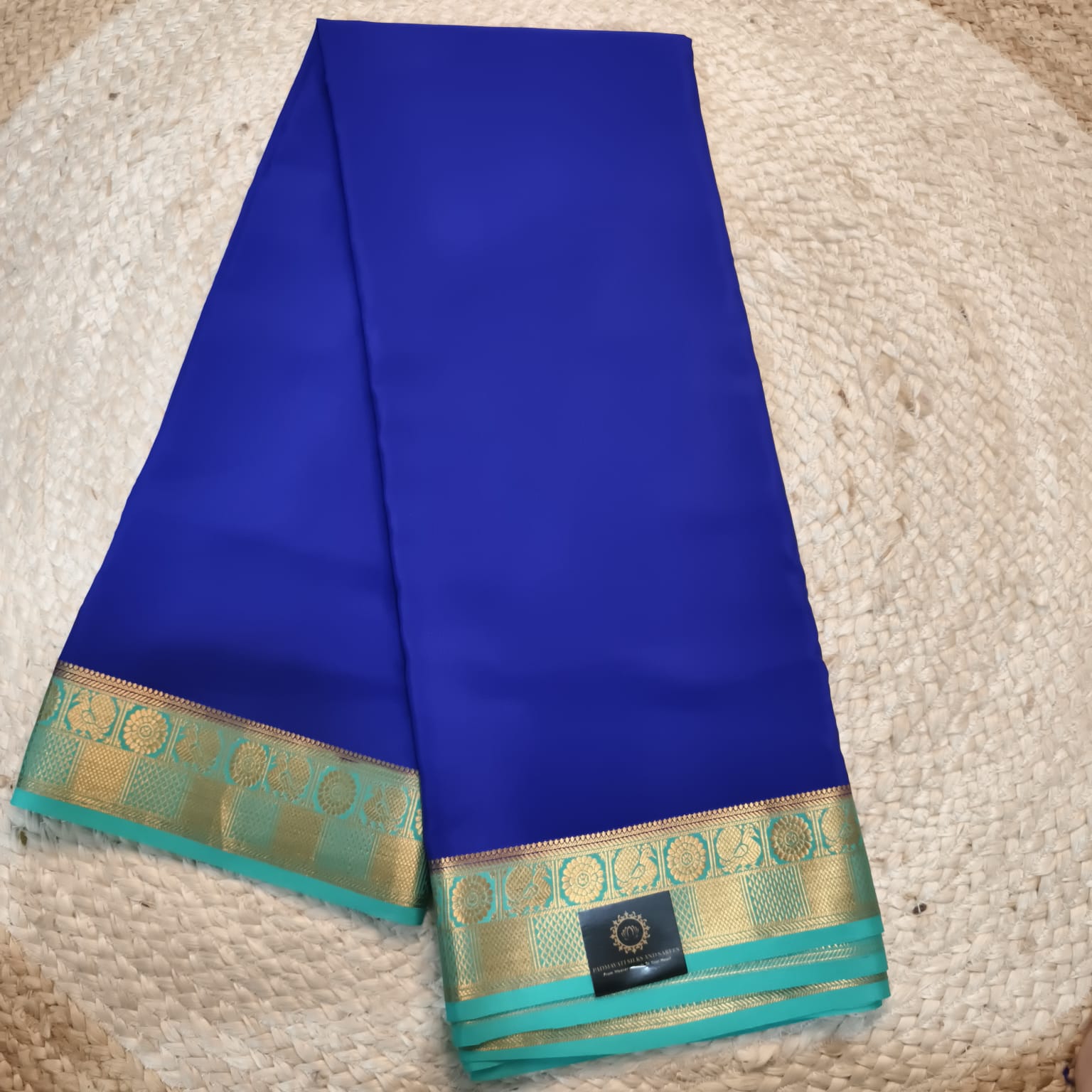 Pure Mysore Crepe Silk Saree – Royal Blue and Light Blue Contrast