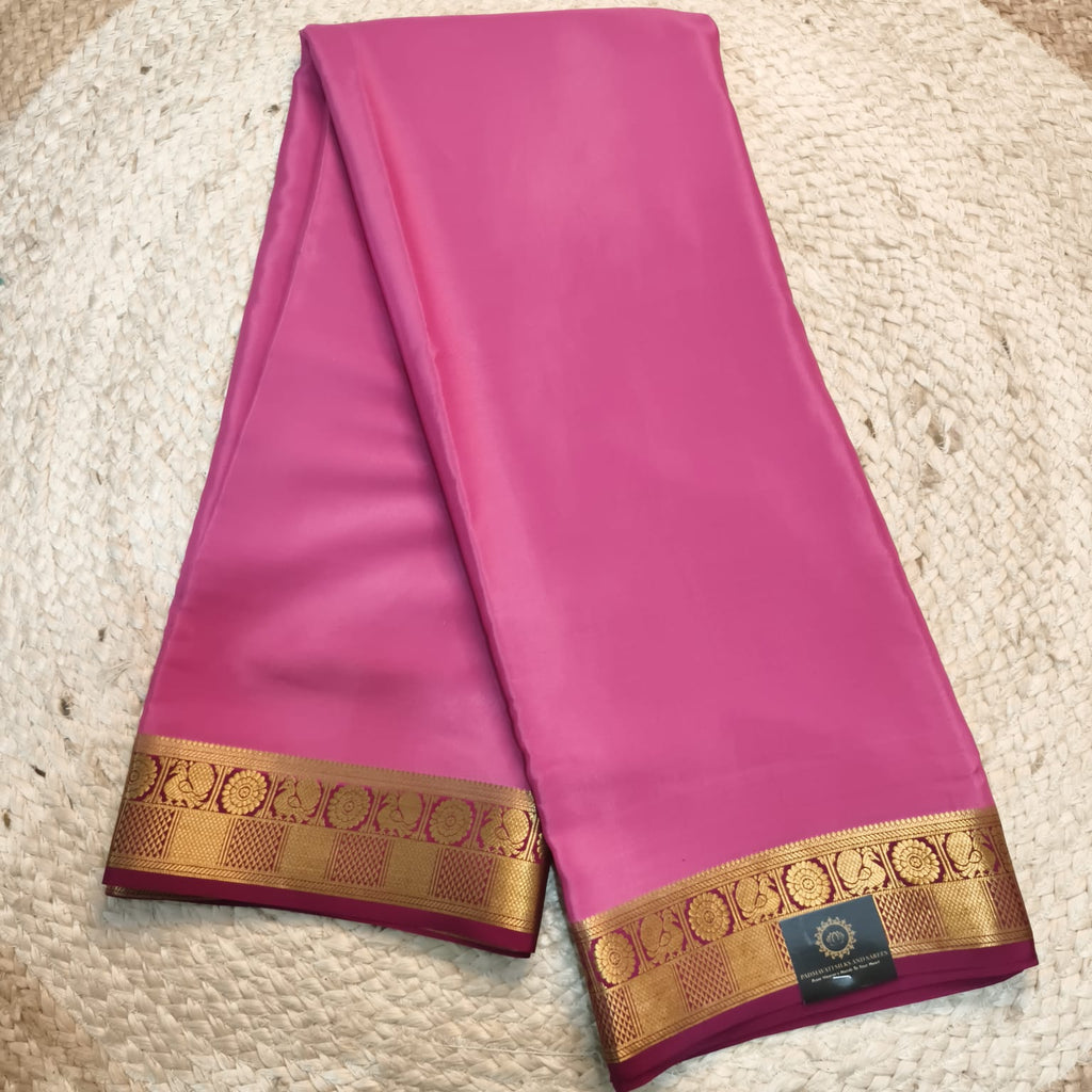 Pure Mysore Crepe Silk Saree – Pink with Wine Contrast