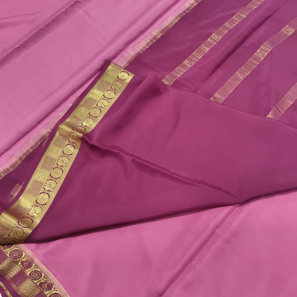 Pure Mysore Crepe Silk Saree – Pink with Wine Contrast
