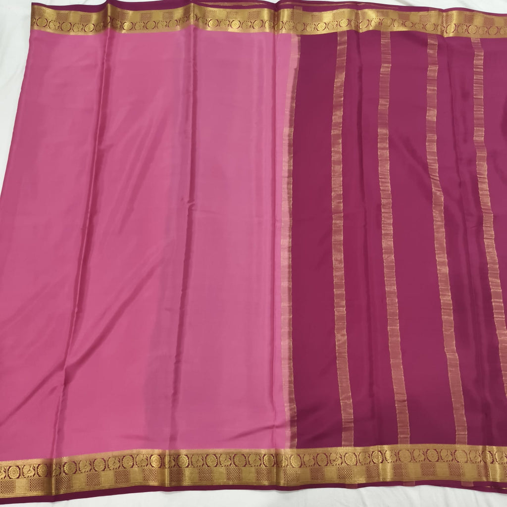 Pure Mysore Crepe Silk Saree – Pink with Wine Contrast
