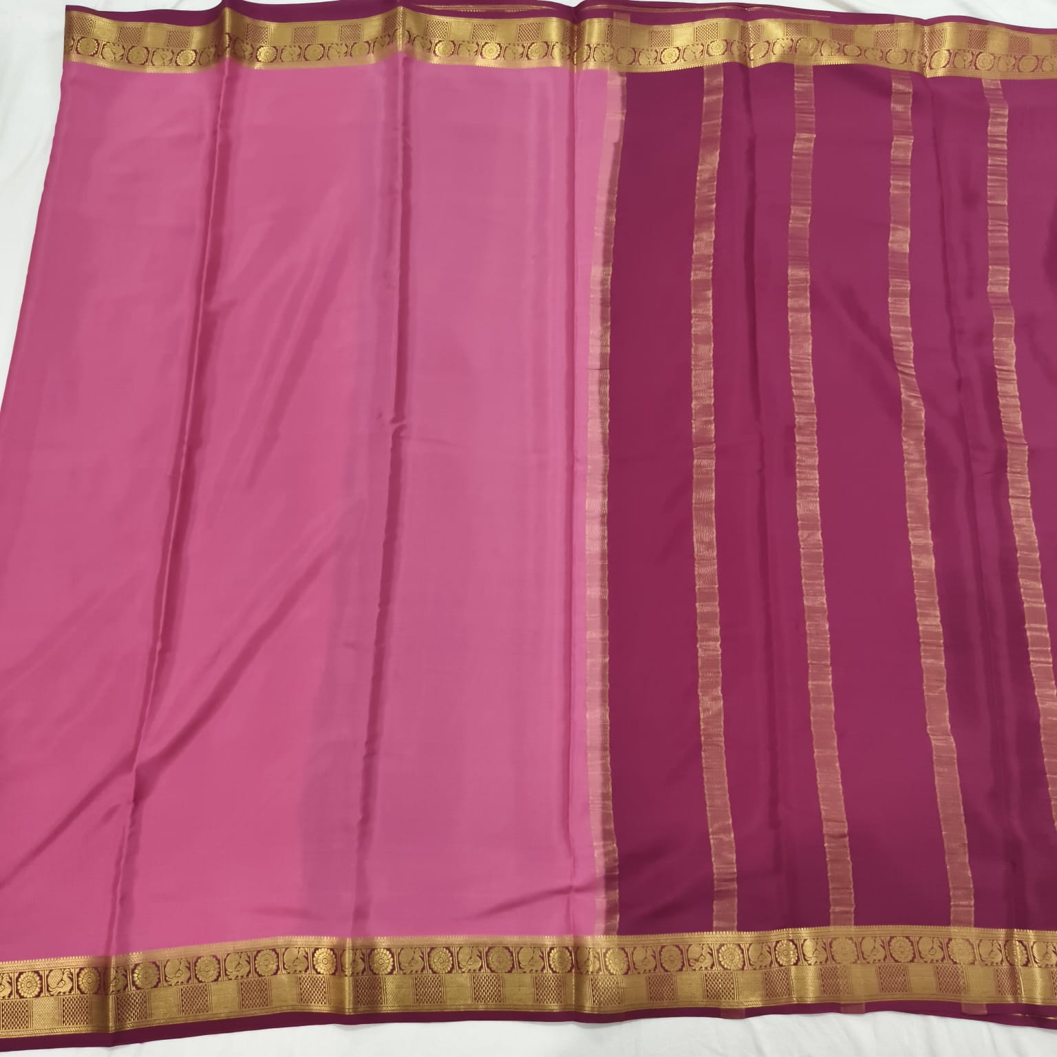 Pure Mysore Crepe Silk Saree – Pink with Wine Contrast