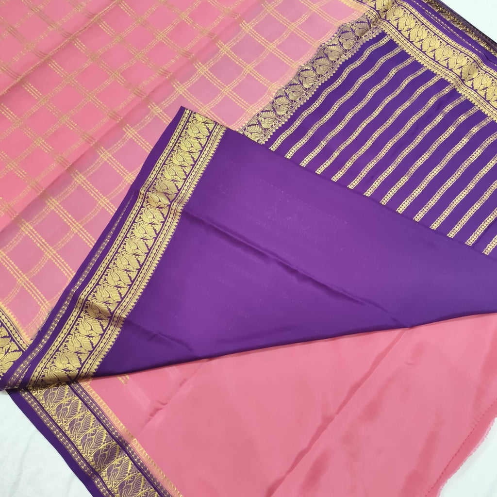Pure Mysore Crepe Silk Saree – Light Pink and Purple Contrast with Checks