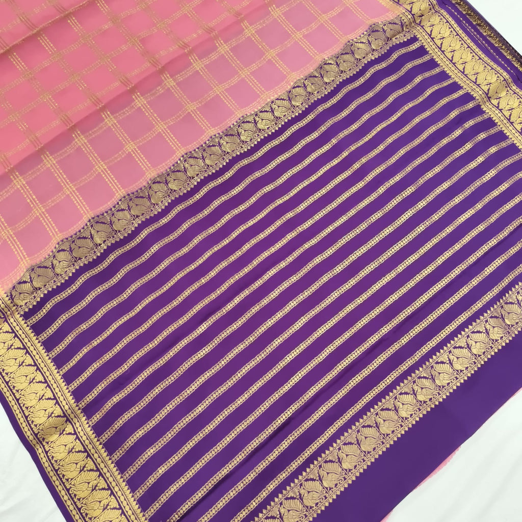 Pure Mysore Crepe Silk Saree – Light Pink and Purple Contrast with Checks