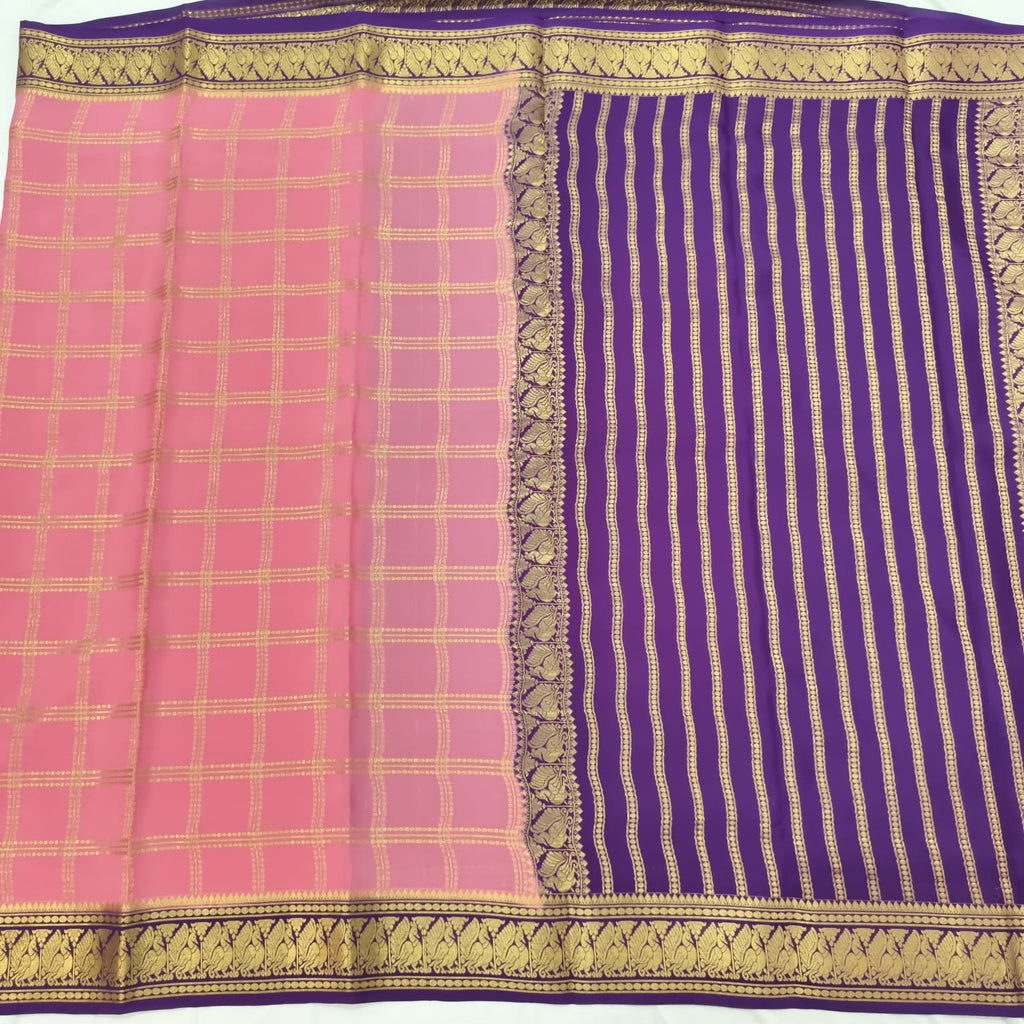 Pure Mysore Crepe Silk Saree – Light Pink and Purple Contrast with Checks