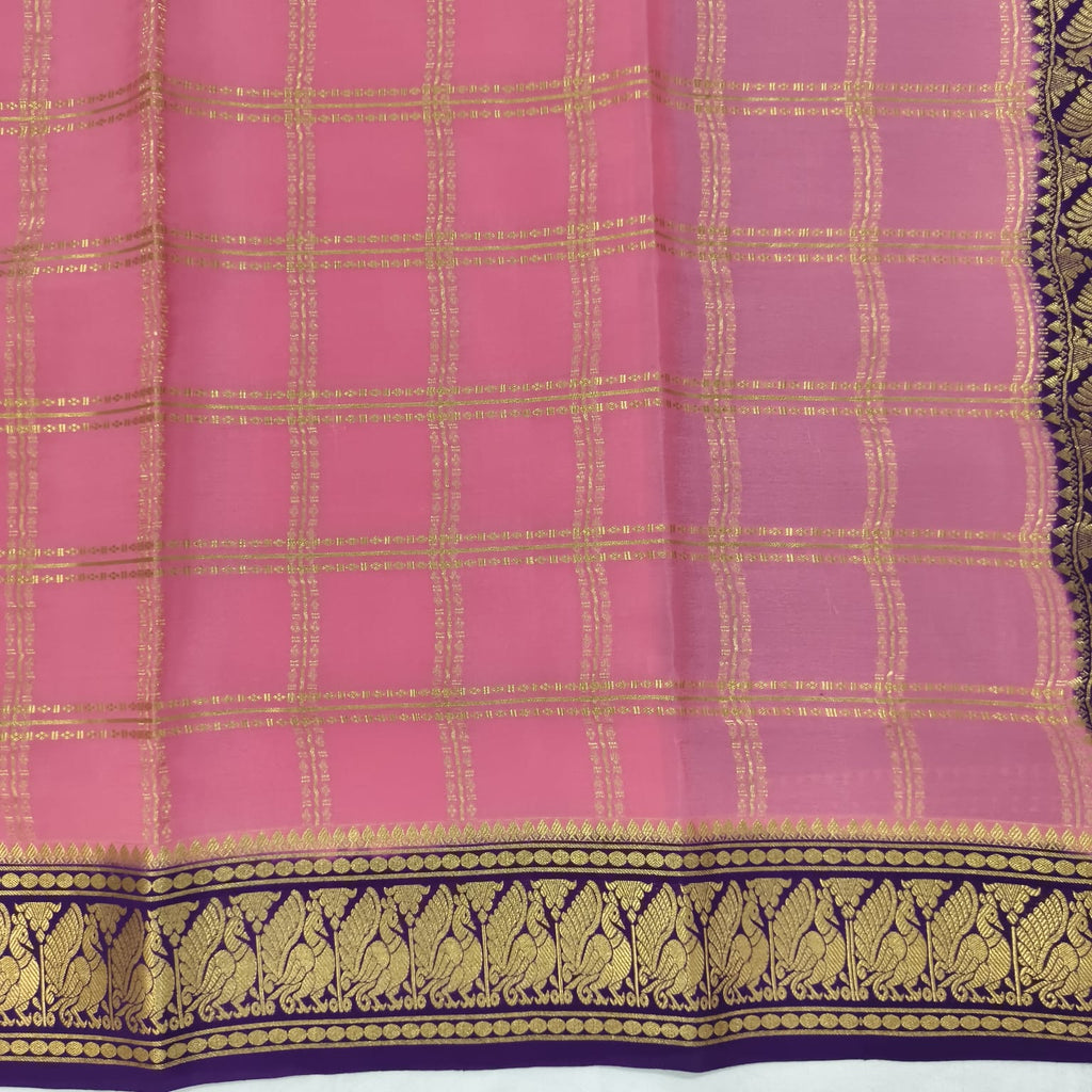 Pure Mysore Crepe Silk Saree – Light Pink and Purple Contrast with Checks