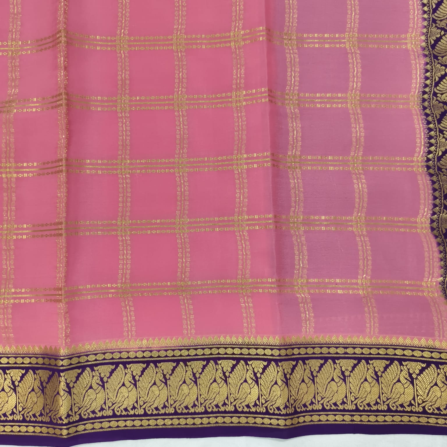 Pure Mysore Crepe Silk Saree – Light Pink and Purple Contrast with Checks