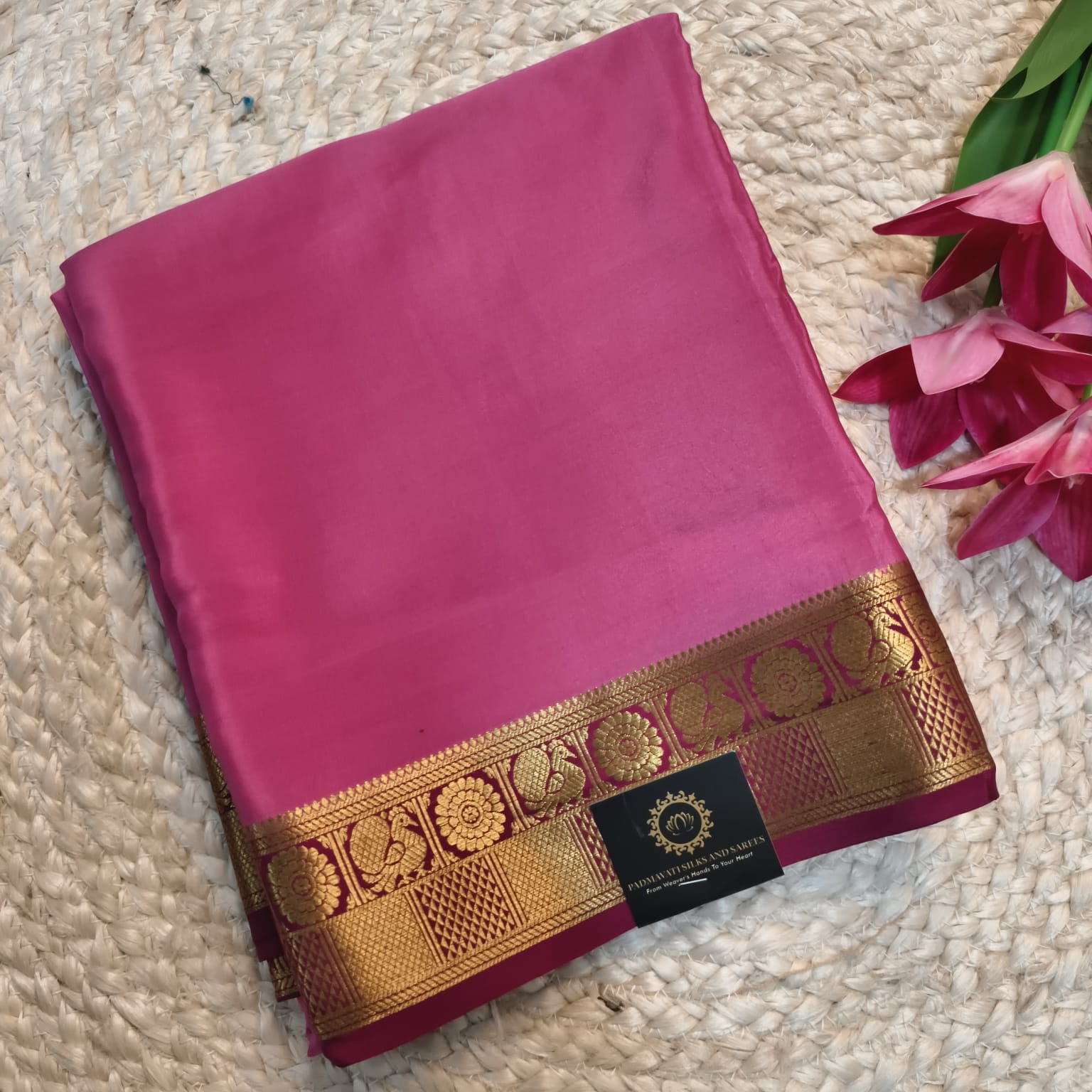 Pure Mysore Crepe Silk Saree – Pink with Wine Contrast