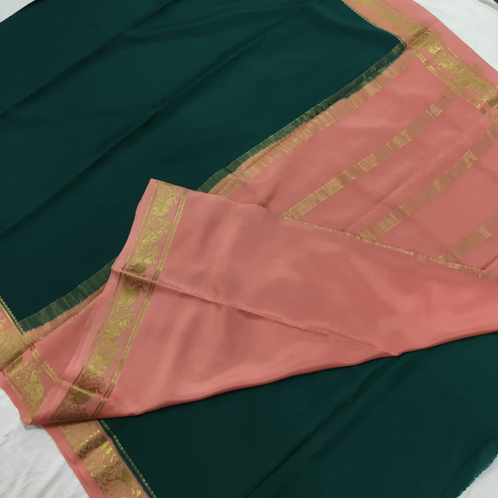 Pure Mysore Crepe Silk Saree –Rama Green and Pink Contrast
