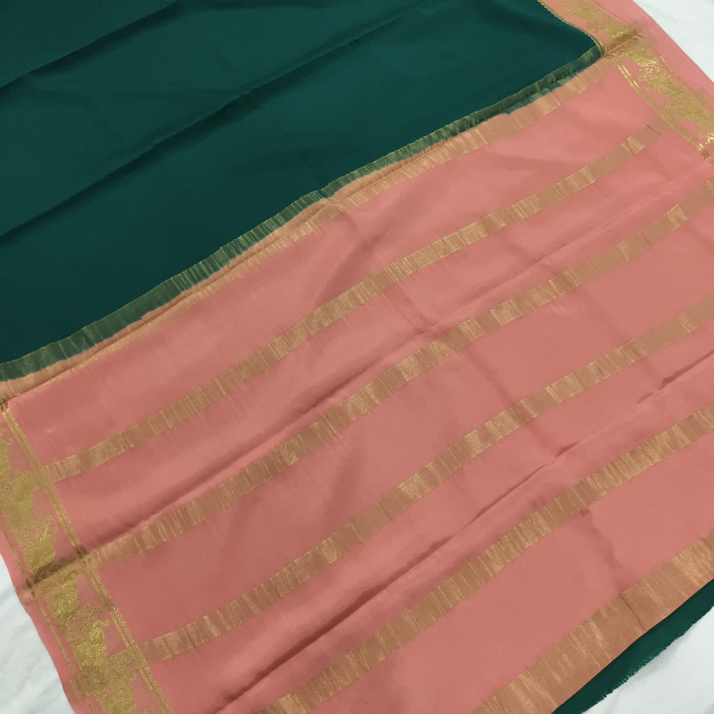 Pure Mysore Crepe Silk Saree –Rama Green and Pink Contrast