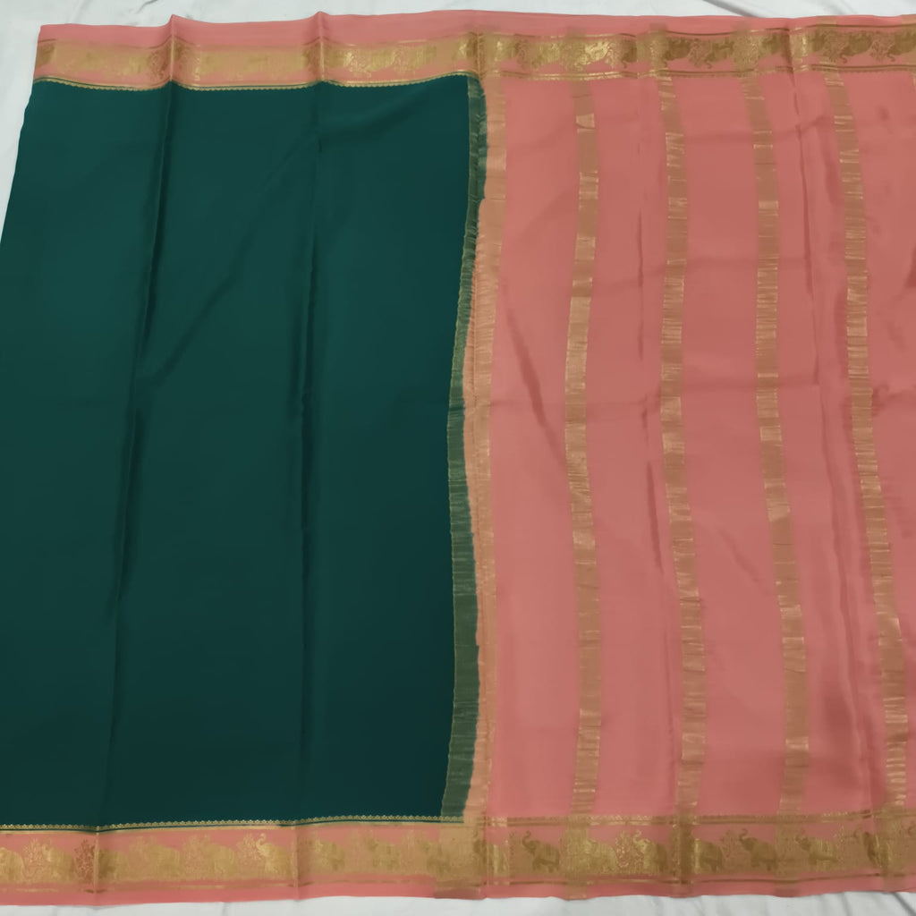 Pure Mysore Crepe Silk Saree –Rama Green and Pink Contrast