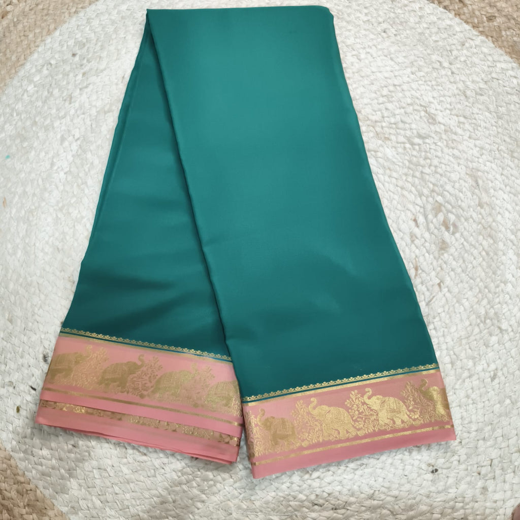 Pure Mysore Crepe Silk Saree –Rama Green and Pink Contrast