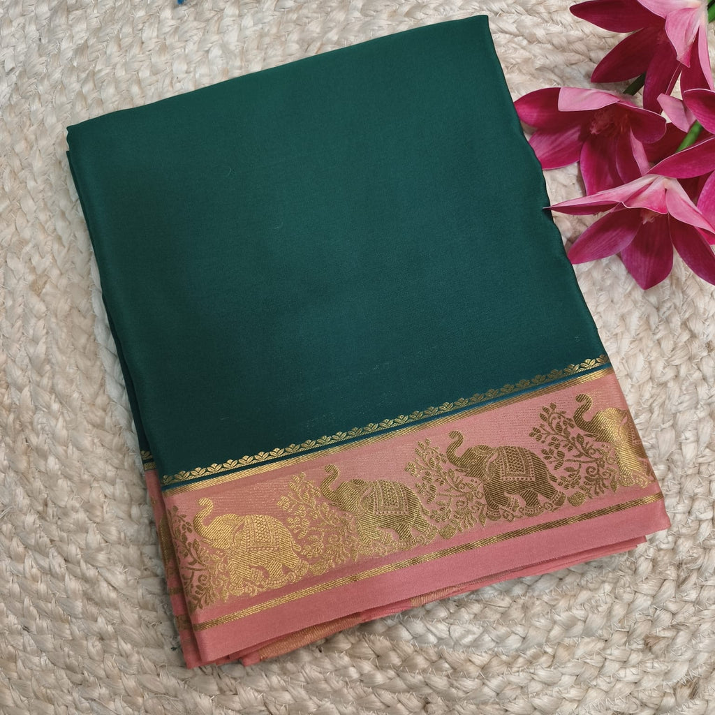 Pure Mysore Crepe Silk Saree –Rama Green and Pink Contrast