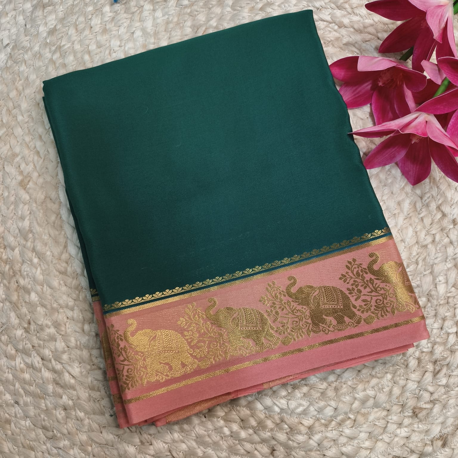 Pure Mysore Crepe Silk Saree –Rama Green and Pink Contrast