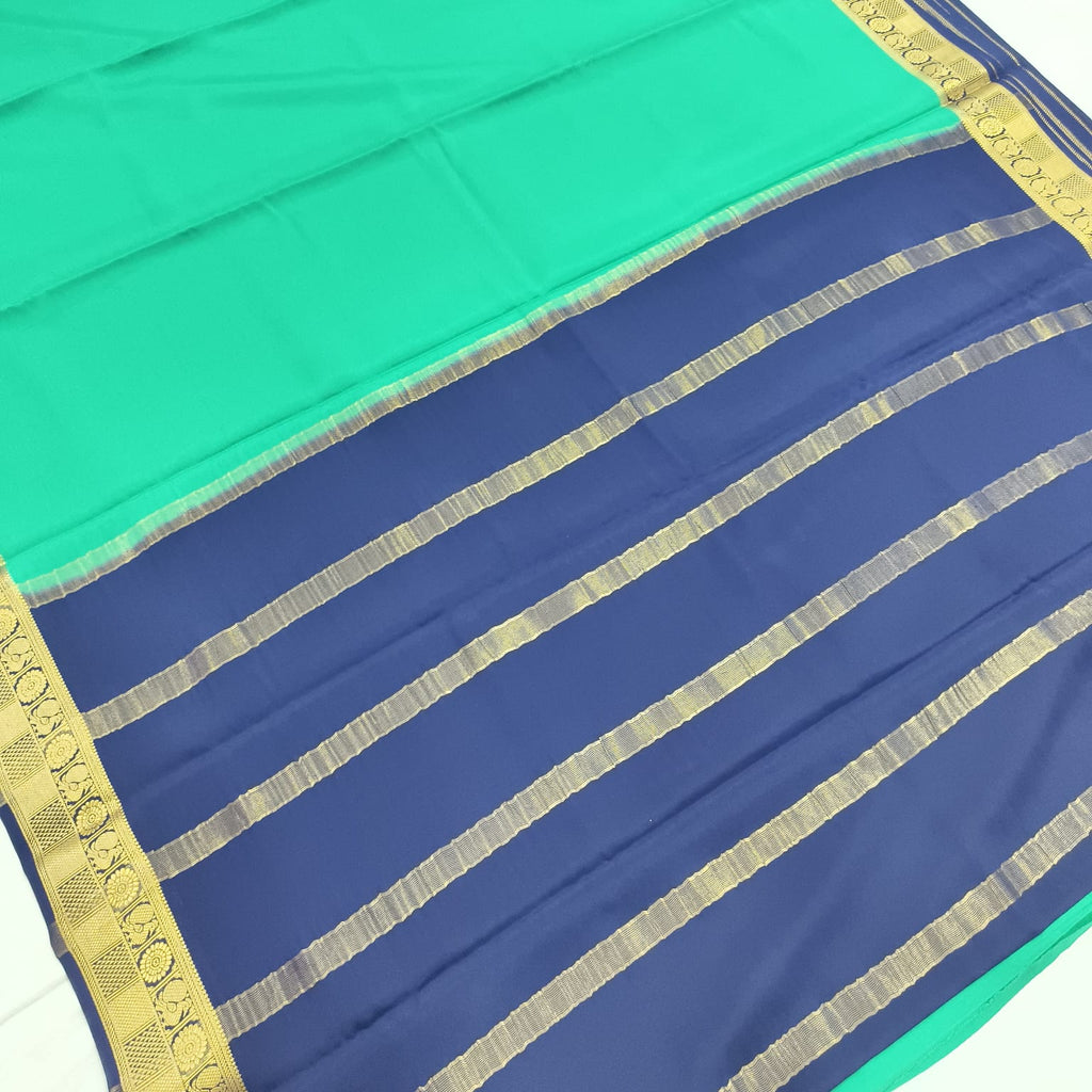 Pure Mysore Crepe Silk Saree – Rexona Green and Navy Blue Contrast