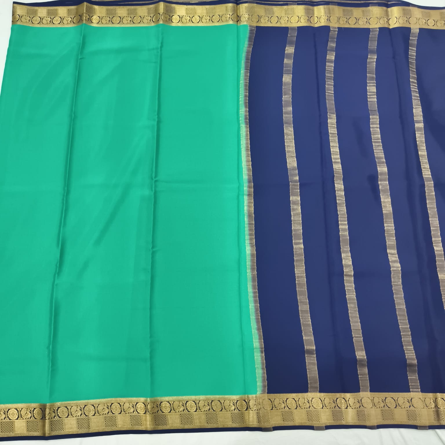 Pure Mysore Crepe Silk Saree – Rexona Green and Navy Blue Contrast