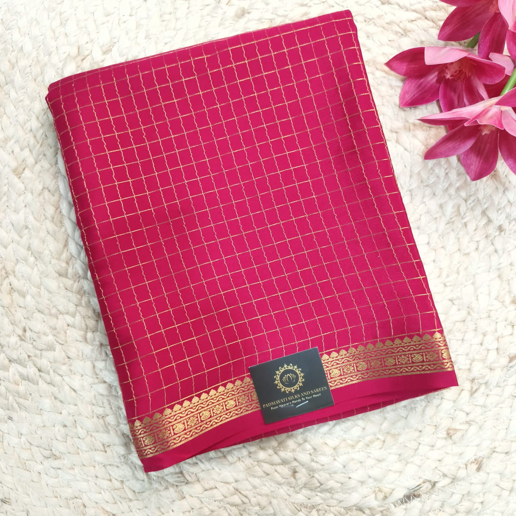 Pure Mysore Crepe Silk Saree – Rani Pink with Small Checks