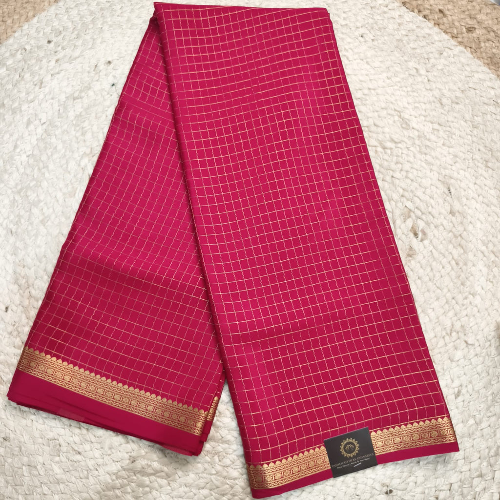 Pure Mysore Crepe Silk Saree – Rani Pink with Small Checks