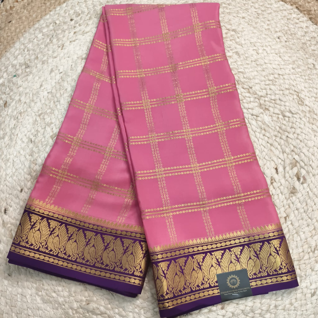 Pure Mysore Crepe Silk Saree – Light Pink and Purple Contrast with Checks