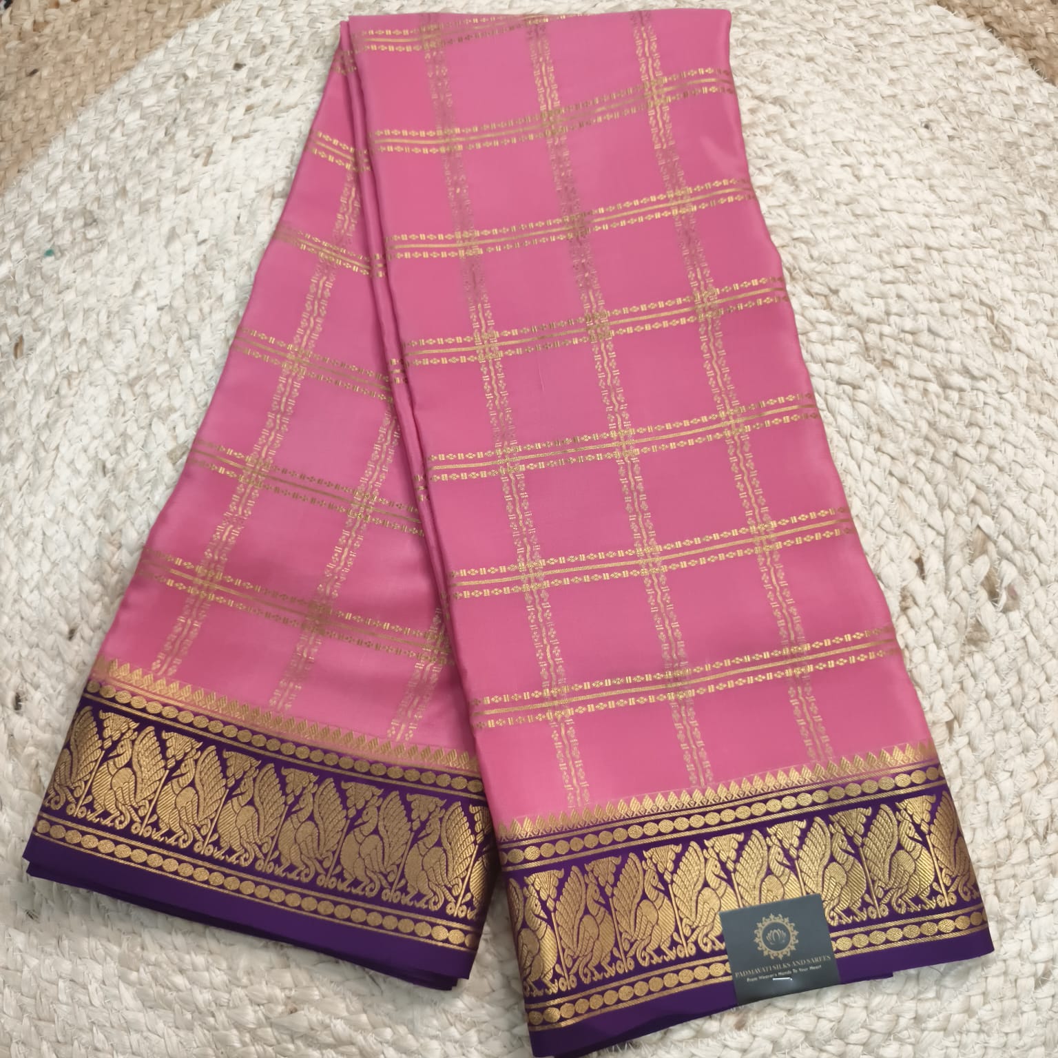 Pure Mysore Crepe Silk Saree – Light Pink and Purple Contrast with Checks
