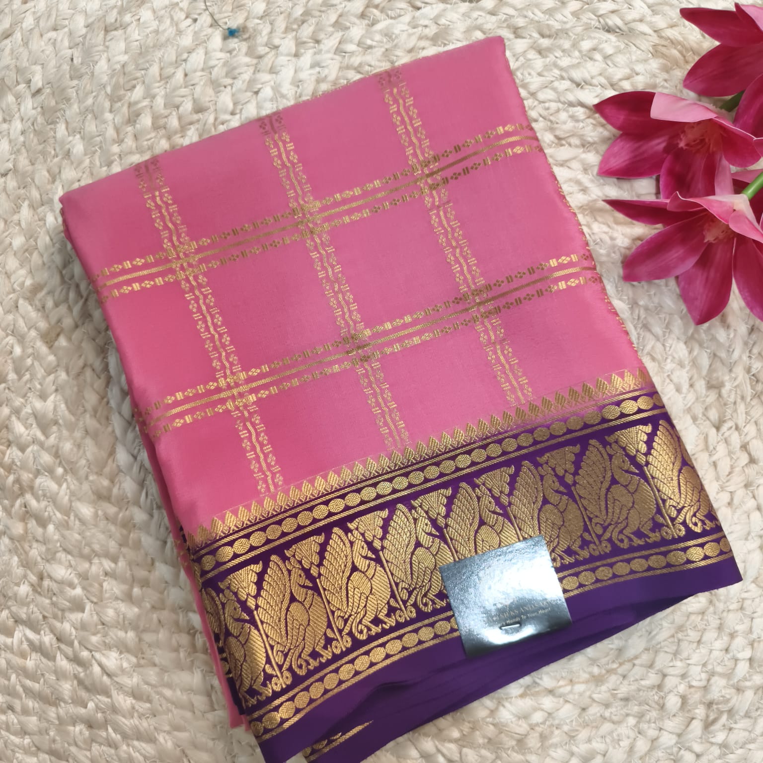 Pure Mysore Crepe Silk Saree – Light Pink and Purple Contrast with Checks