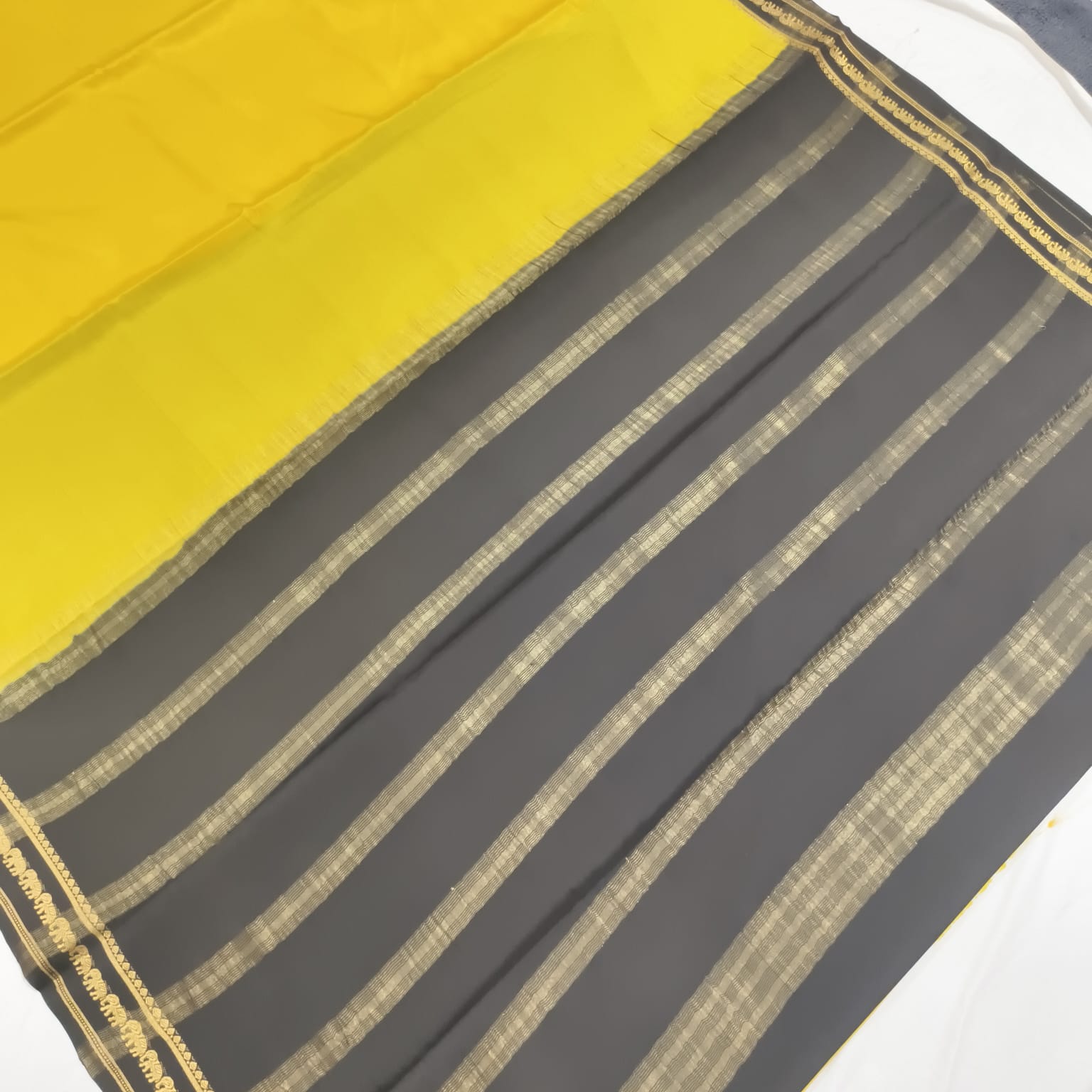 Pure Mysore Crepe Silk Saree – Yellow with Black Contrast
