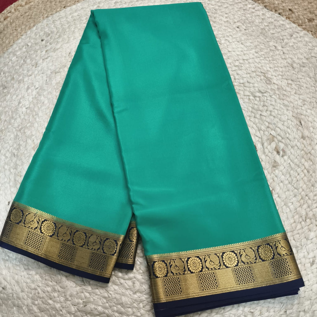 Pure Mysore Crepe Silk Saree – Rexona Green and Navy Blue Contrast