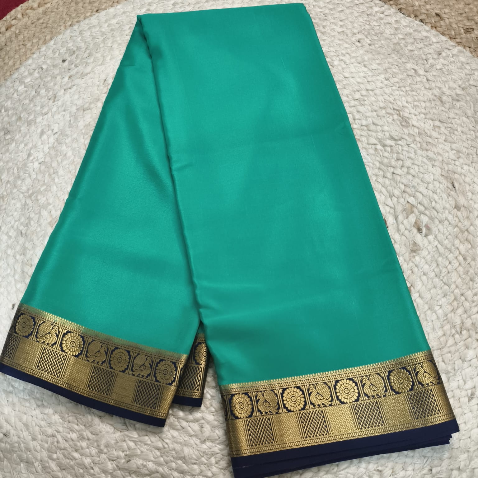 Pure Mysore Crepe Silk Saree – Rexona Green and Navy Blue Contrast