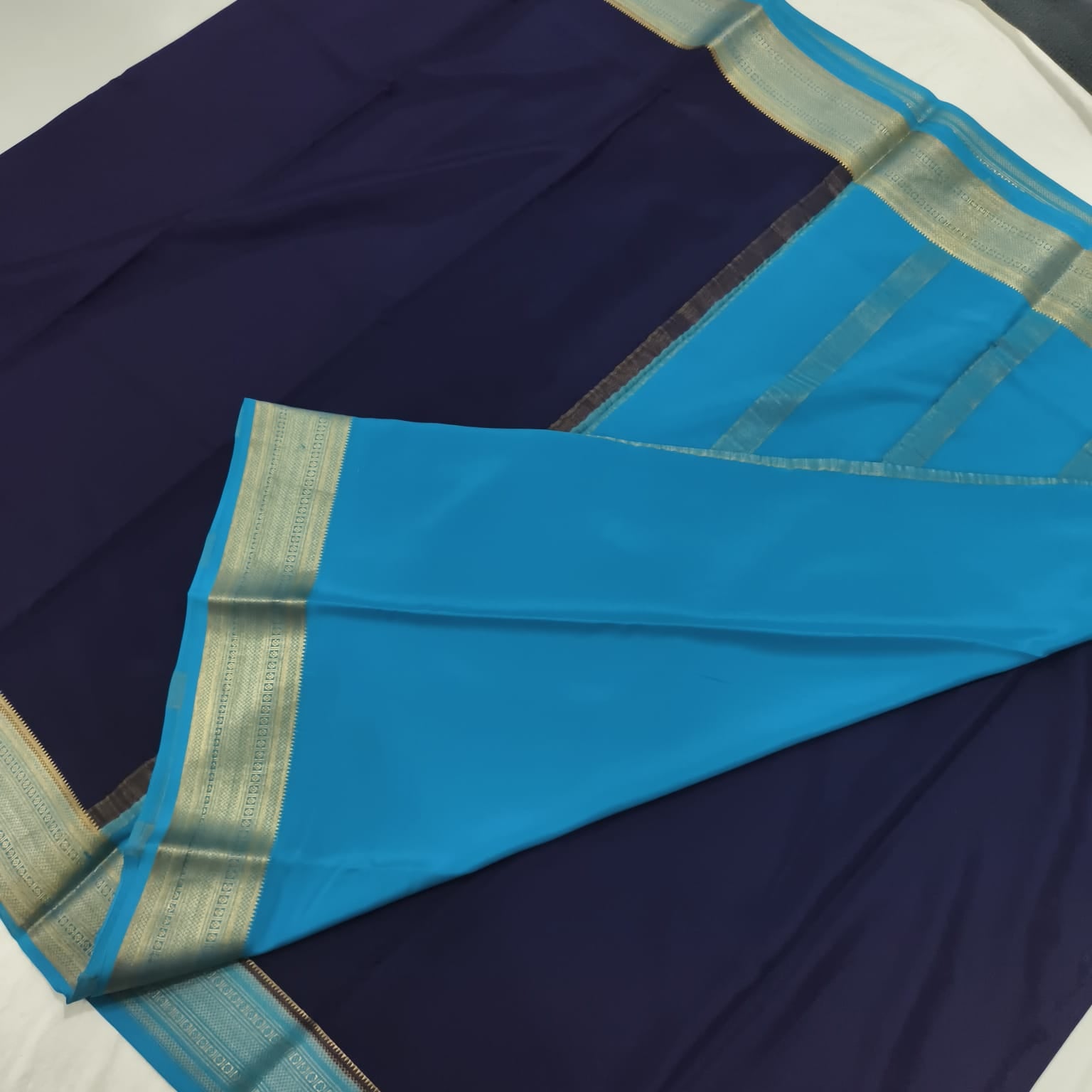 Pure Mysore Crepe Silk Saree – Navy Blue with light-blue Contrast