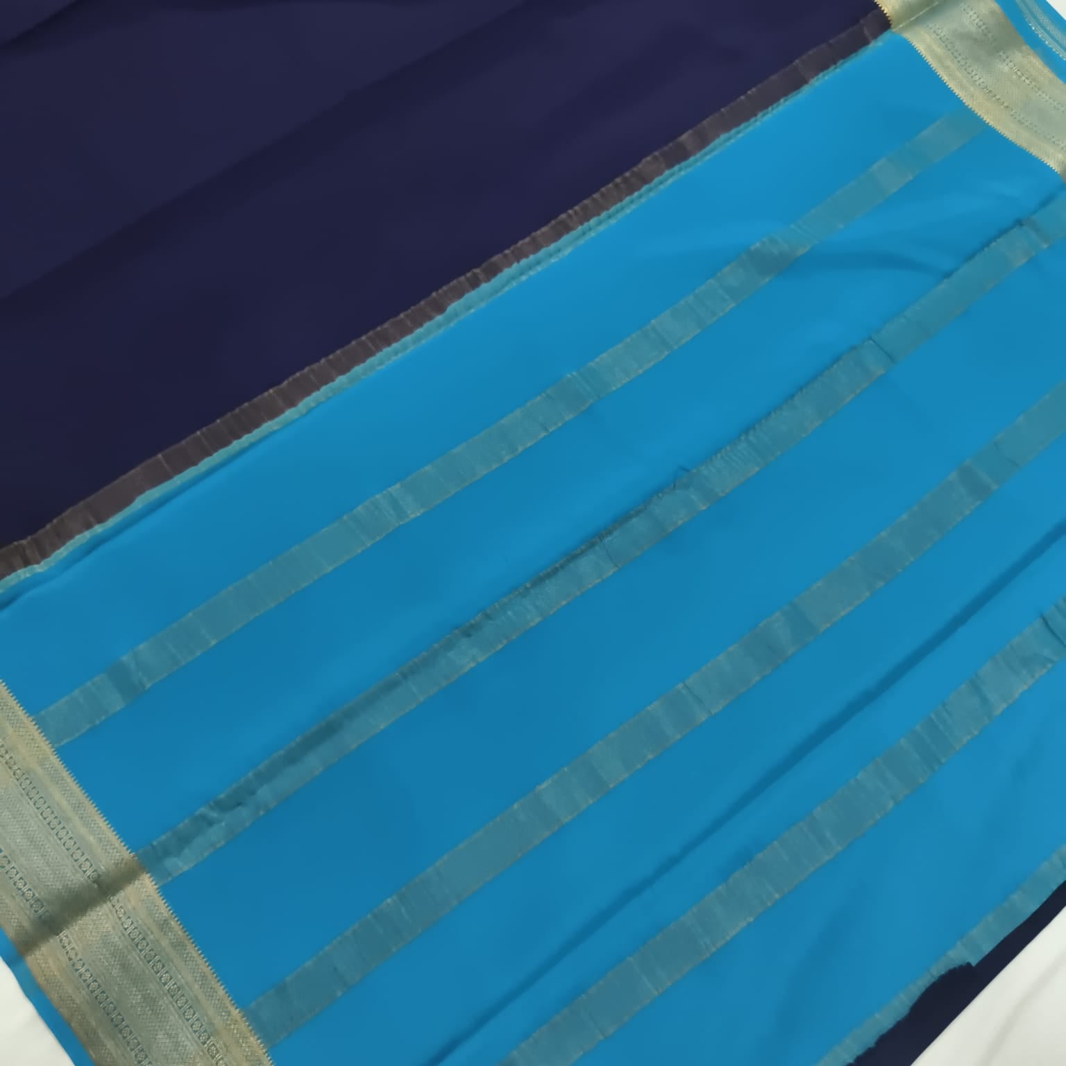 Pure Mysore Crepe Silk Saree – Navy Blue with light-blue Contrast