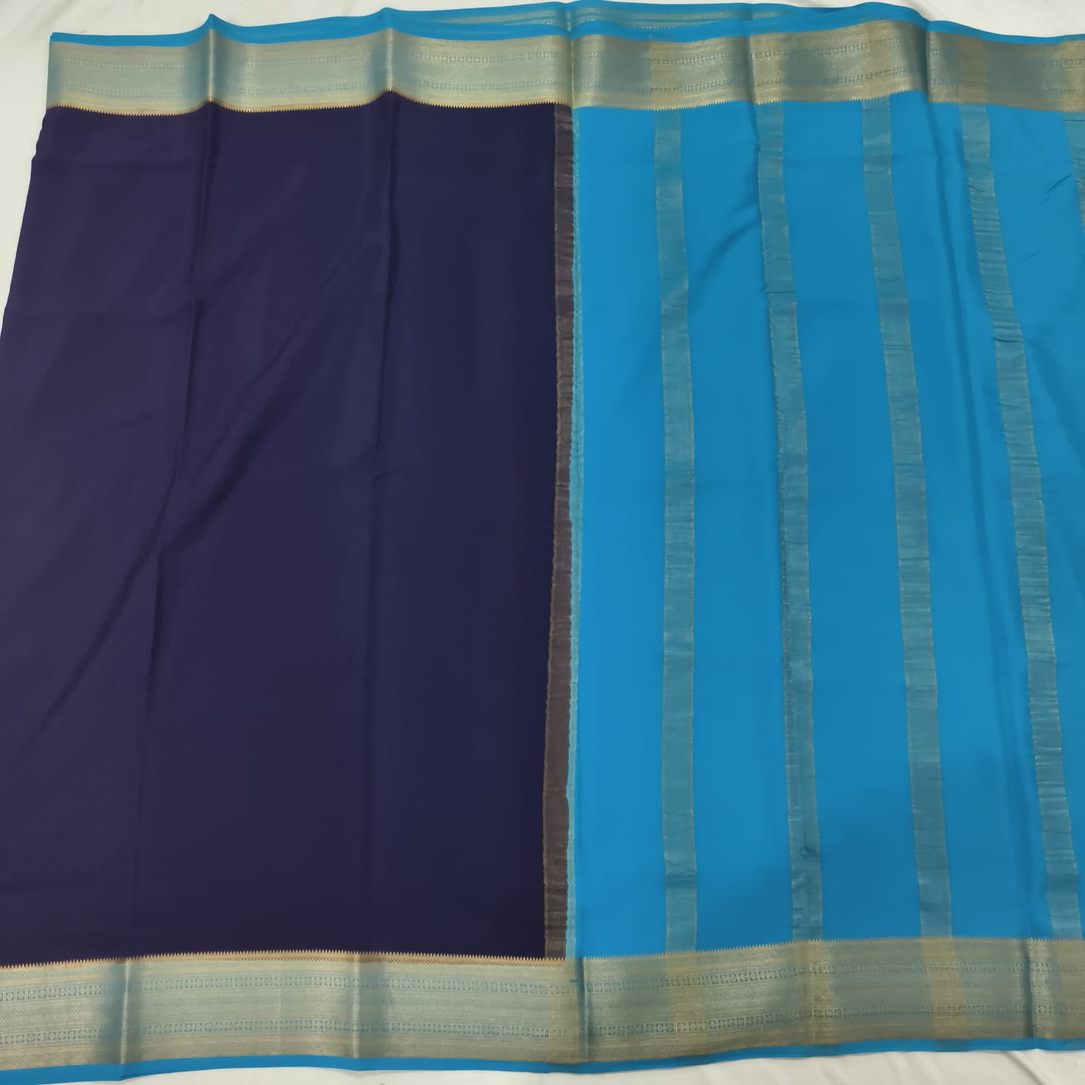 Pure Mysore Crepe Silk Saree – Navy Blue with light-blue Contrast