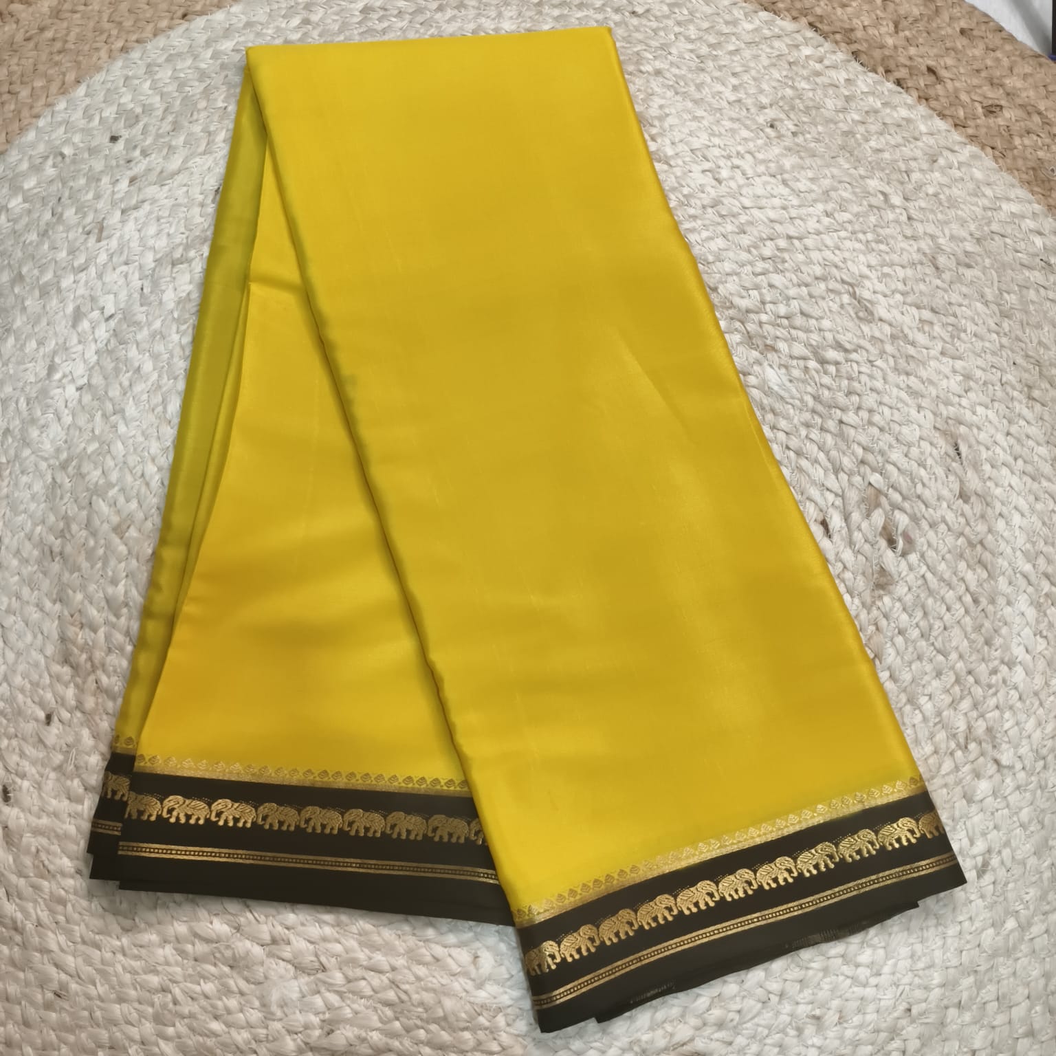 Pure Mysore Crepe Silk Saree – Yellow with Black Contrast