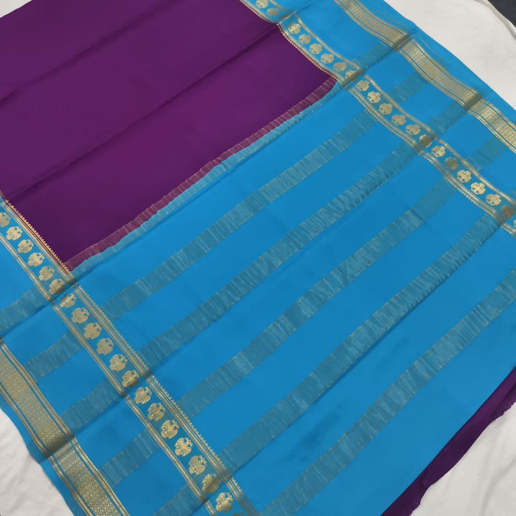Pure Mysore Crepe Silk Saree – Purple with Blue Contrast