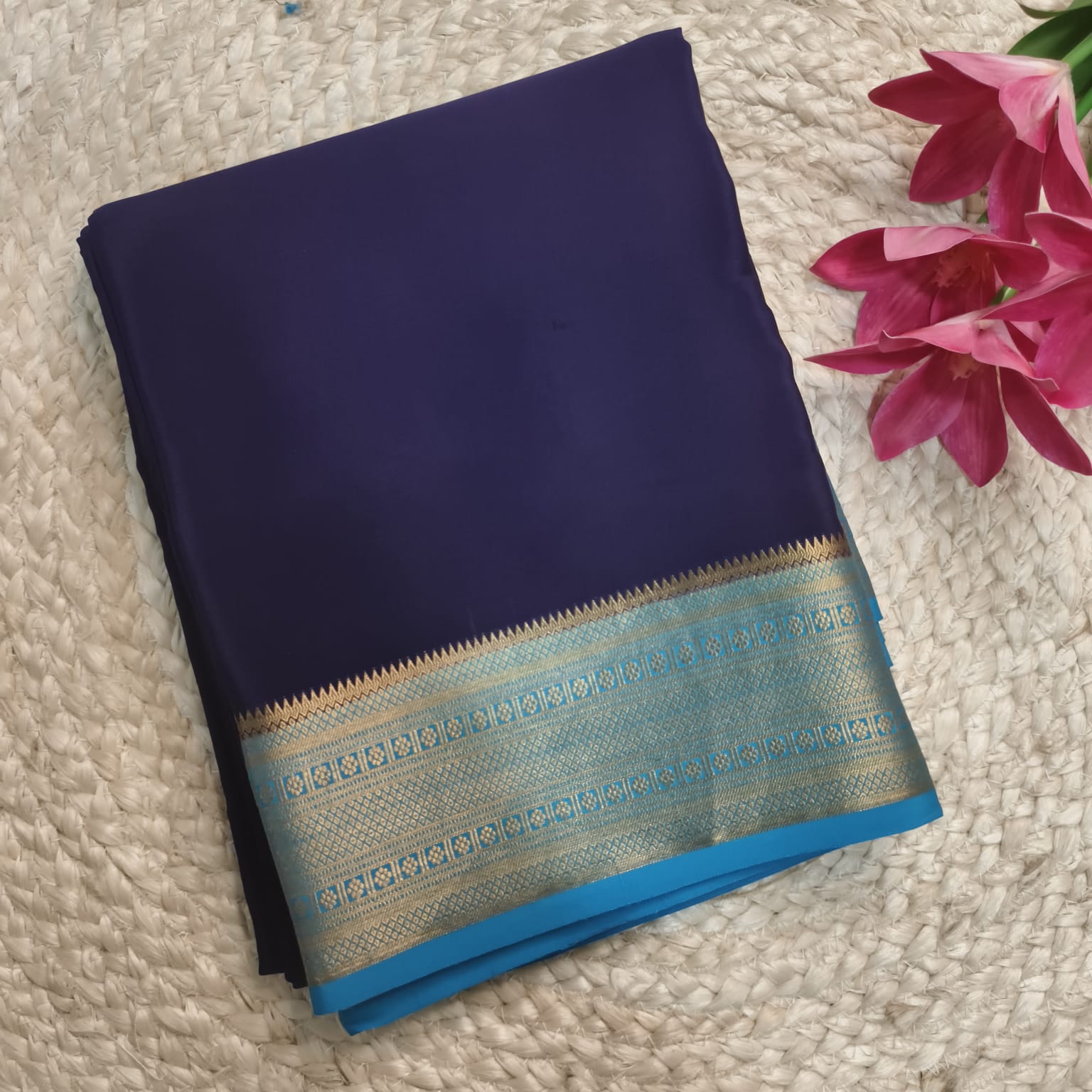 Pure Mysore Crepe Silk Saree – Navy Blue with light-blue Contrast