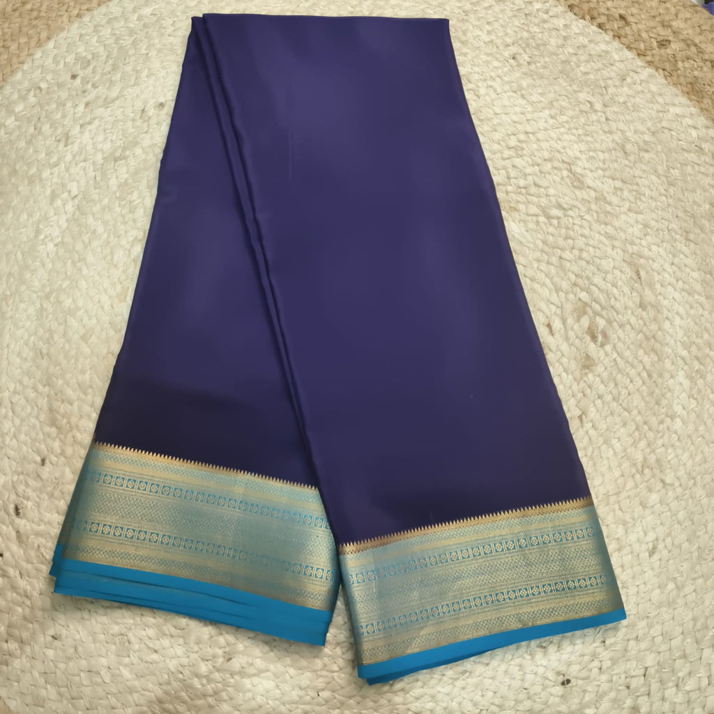 Pure Mysore Crepe Silk Saree – Navy Blue with light-blue Contrast