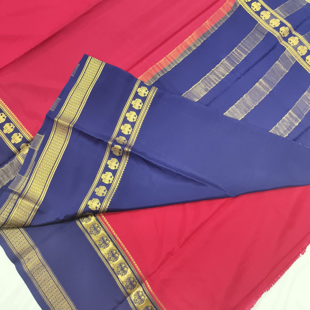 Pure Mysore Crepe Silk Saree – Rani Pink with Blue Contrast