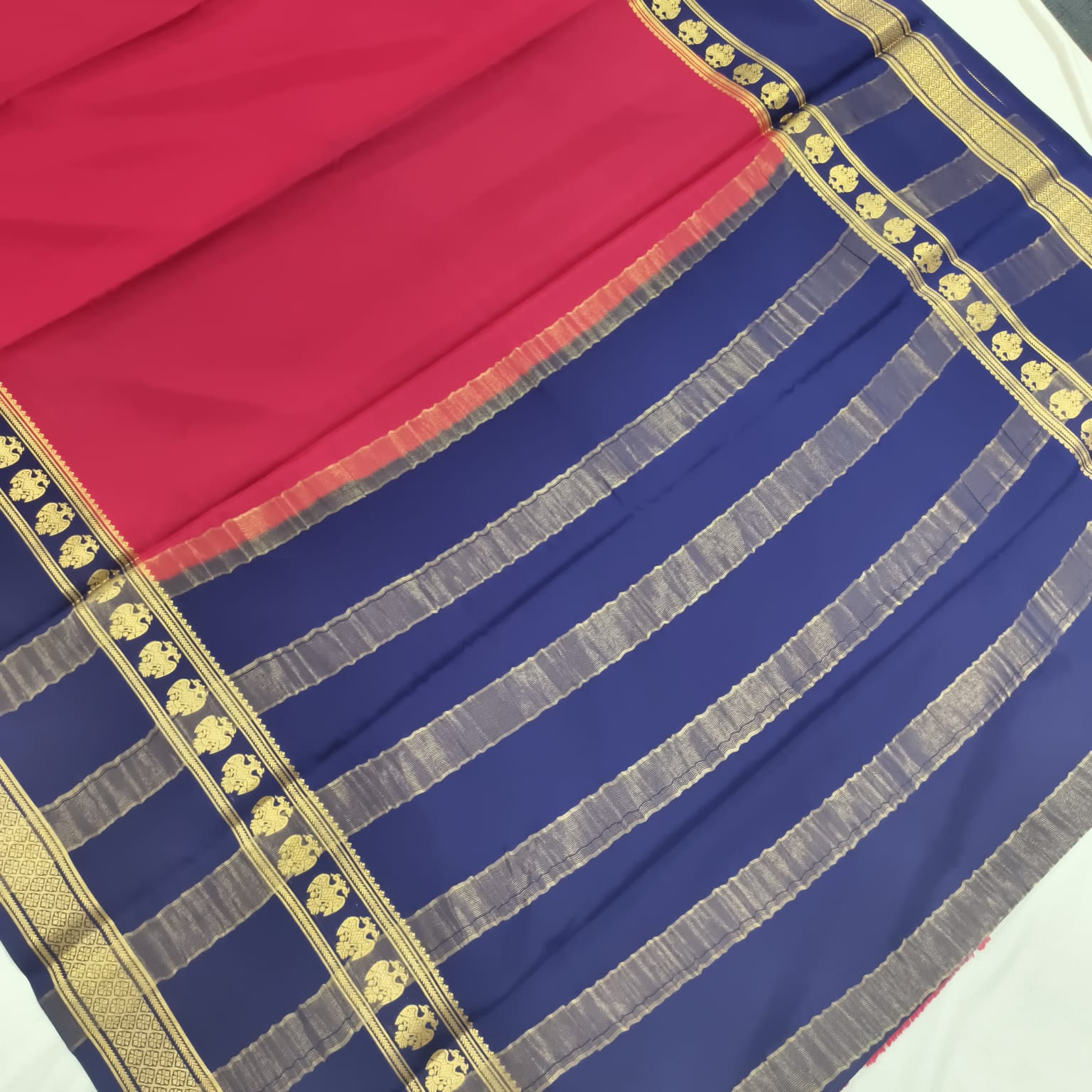 Pure Mysore Crepe Silk Saree – Rani Pink with Blue Contrast