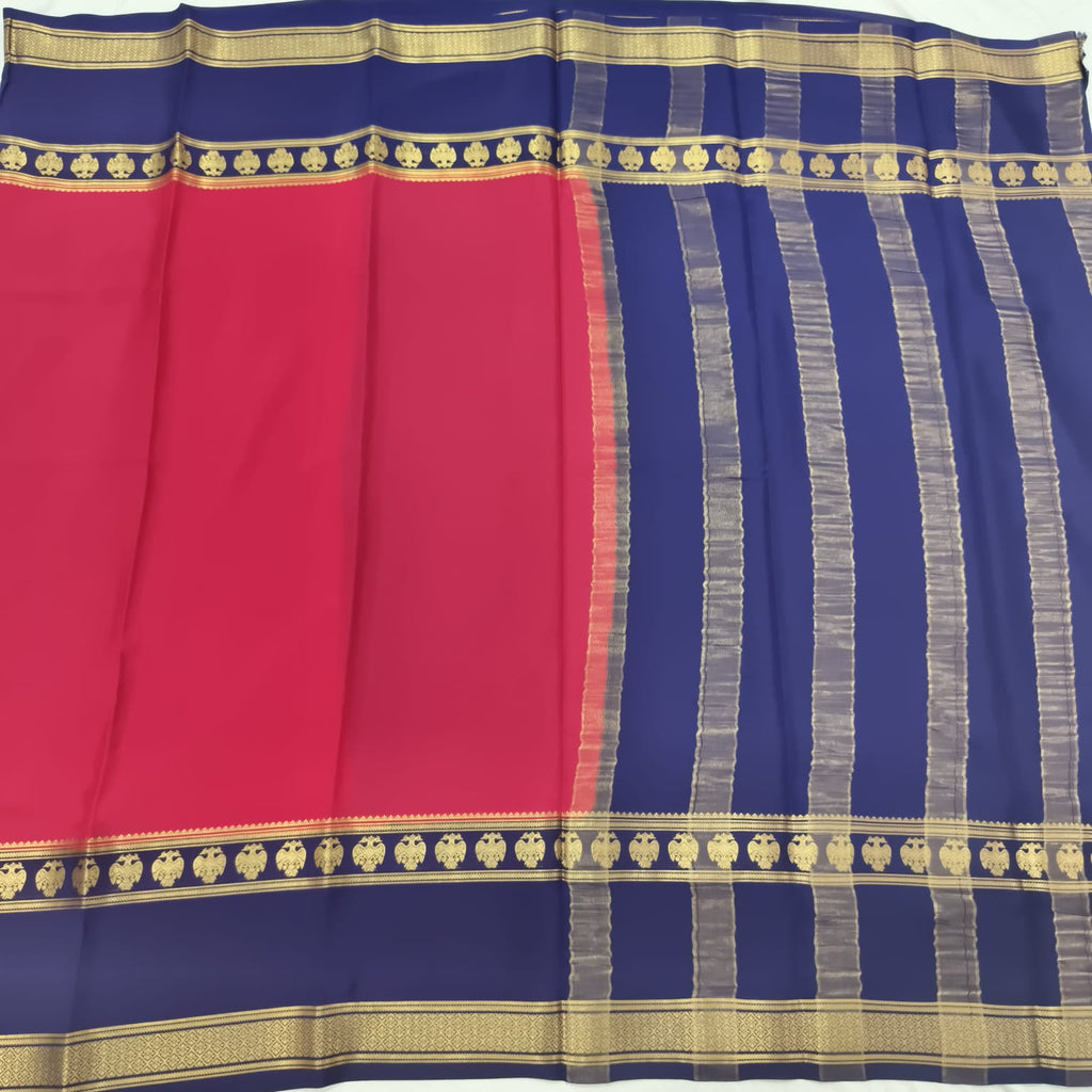 Pure Mysore Crepe Silk Saree – Rani Pink with Blue Contrast