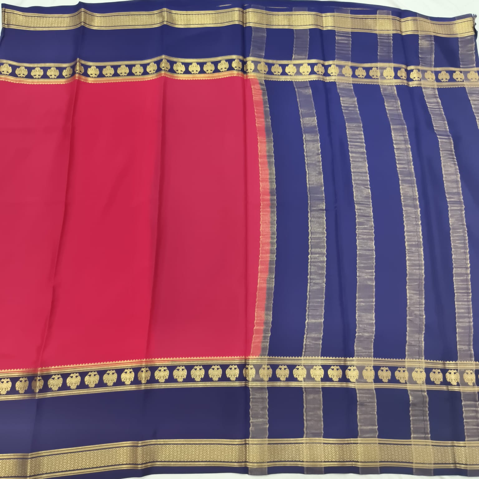 Pure Mysore Crepe Silk Saree – Rani Pink with Blue Contrast
