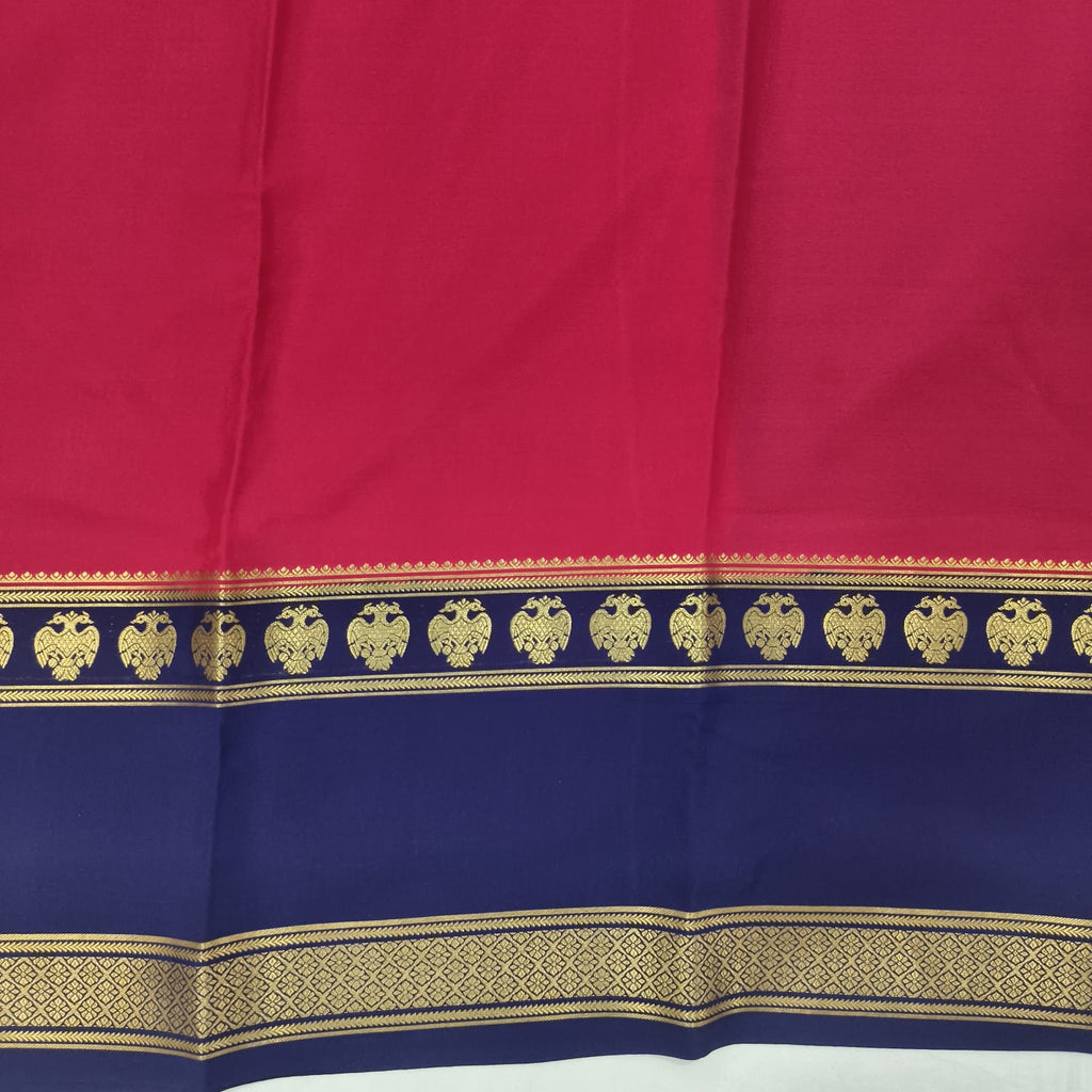 Pure Mysore Crepe Silk Saree – Rani Pink with Blue Contrast