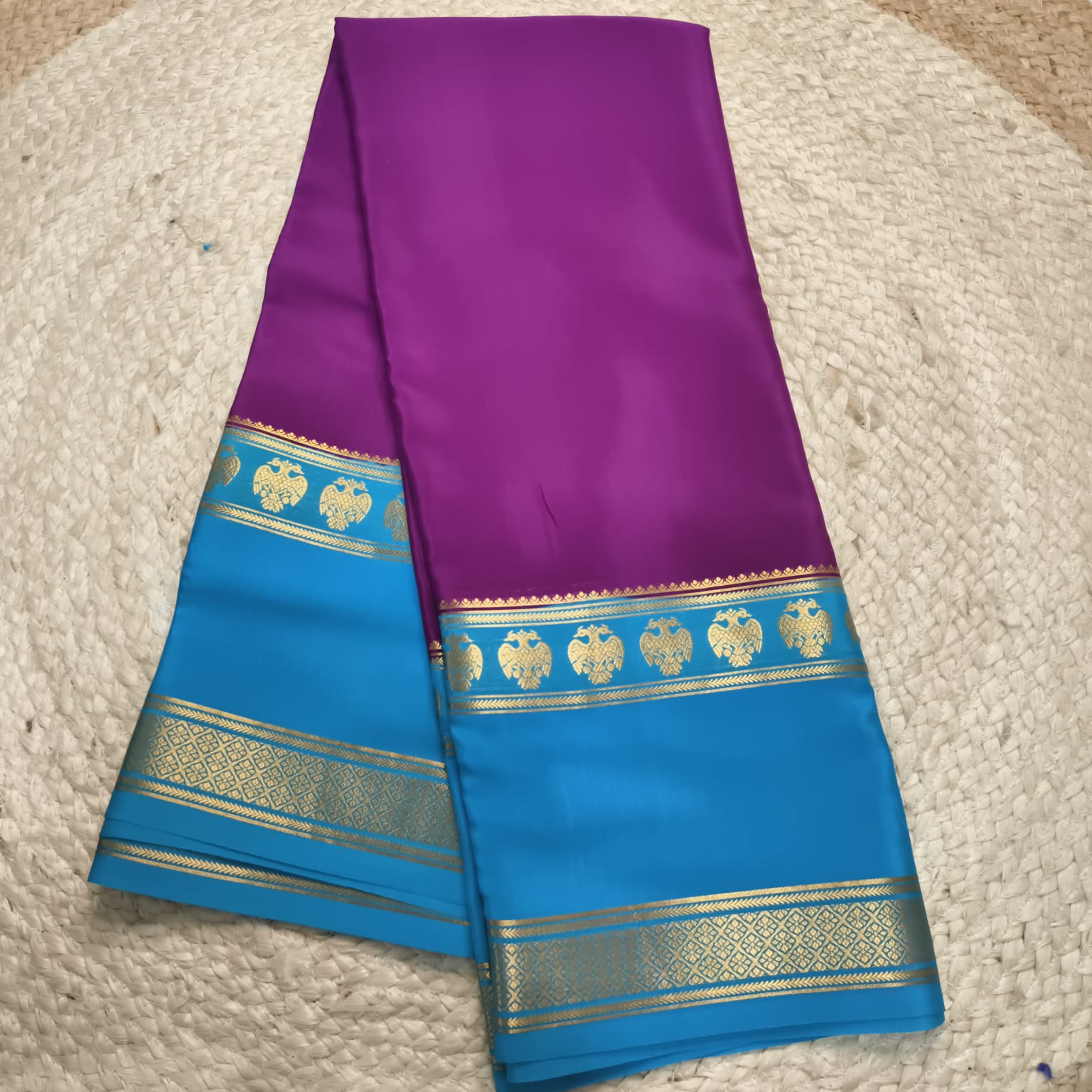 Pure Mysore Crepe Silk Saree – Purple with Blue Contrast