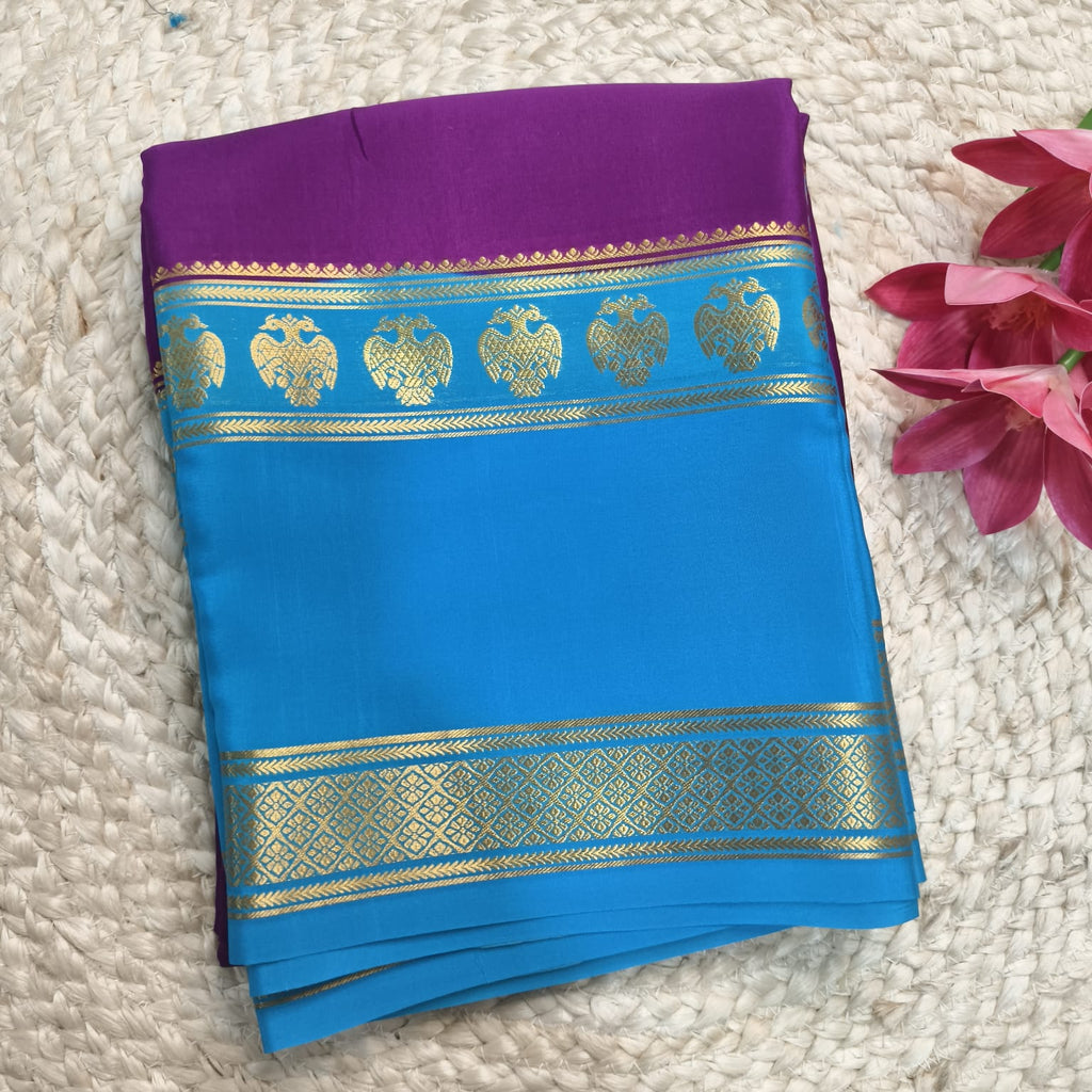 Pure Mysore Crepe Silk Saree – Purple with Blue Contrast