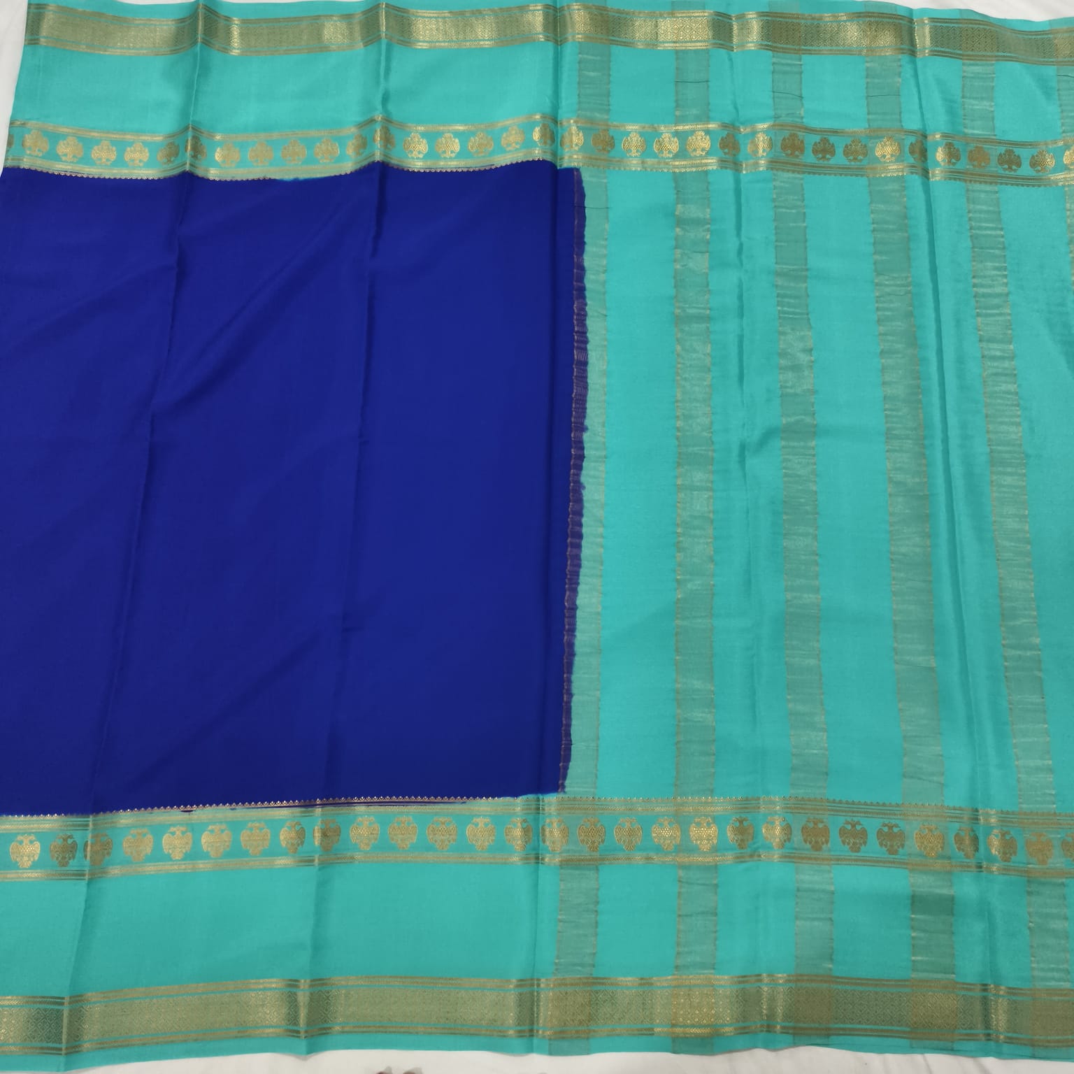 Pure Mysore Crepe Silk Saree – Royal Blue with light blue Contrast