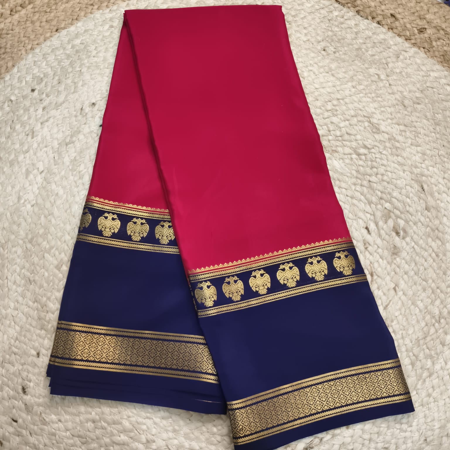 Pure Mysore Crepe Silk Saree – Rani Pink with Blue Contrast