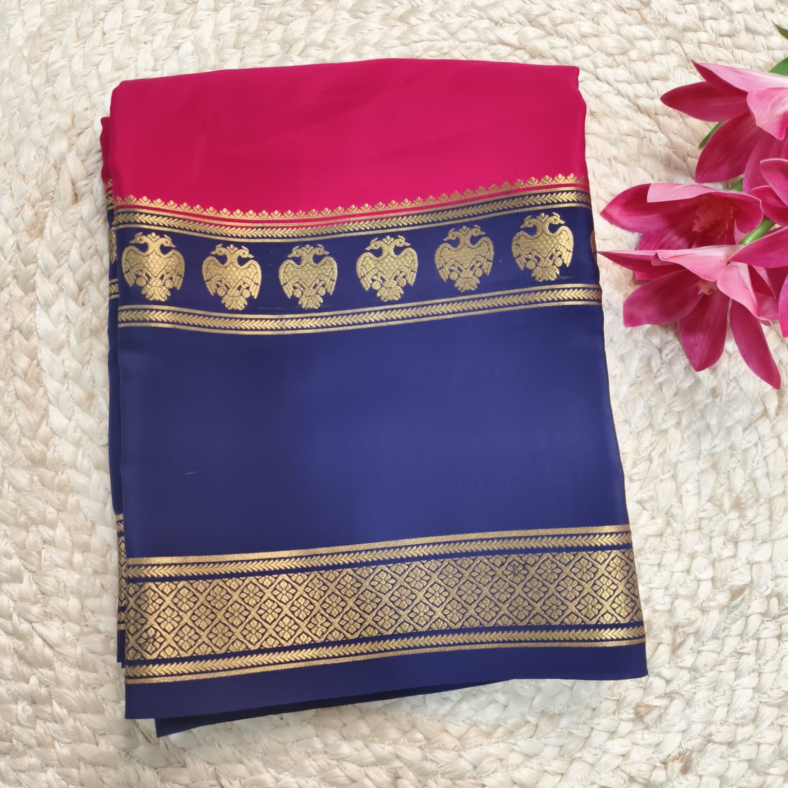 Pure Mysore Crepe Silk Saree – Rani Pink with Blue Contrast