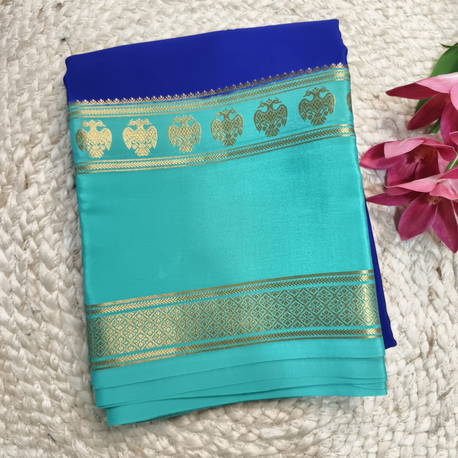 Pure Mysore Crepe Silk Saree – Royal Blue with light blue Contrast