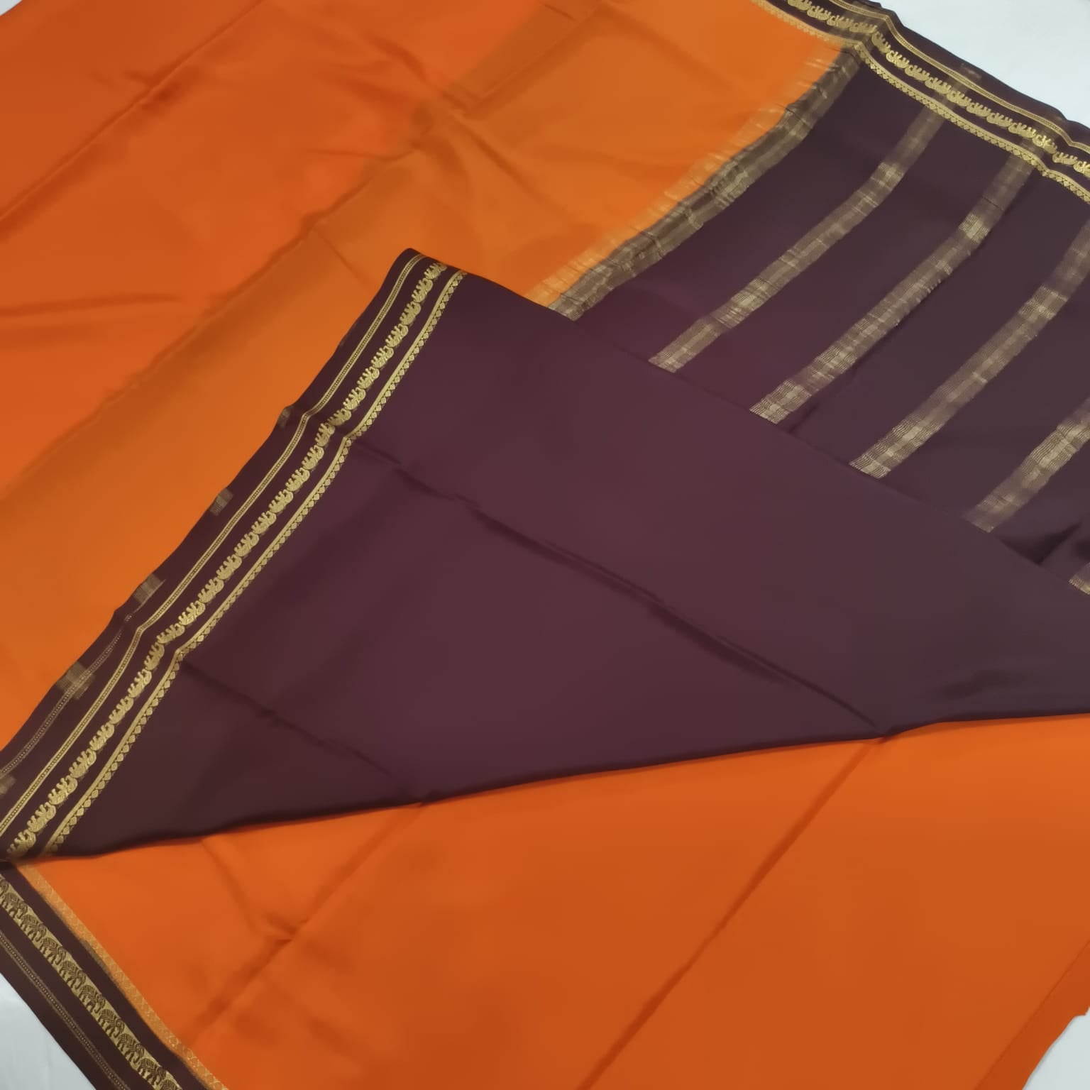 Pure Mysore Crepe Silk Saree – Orange with Deep Chocolate Contrast
